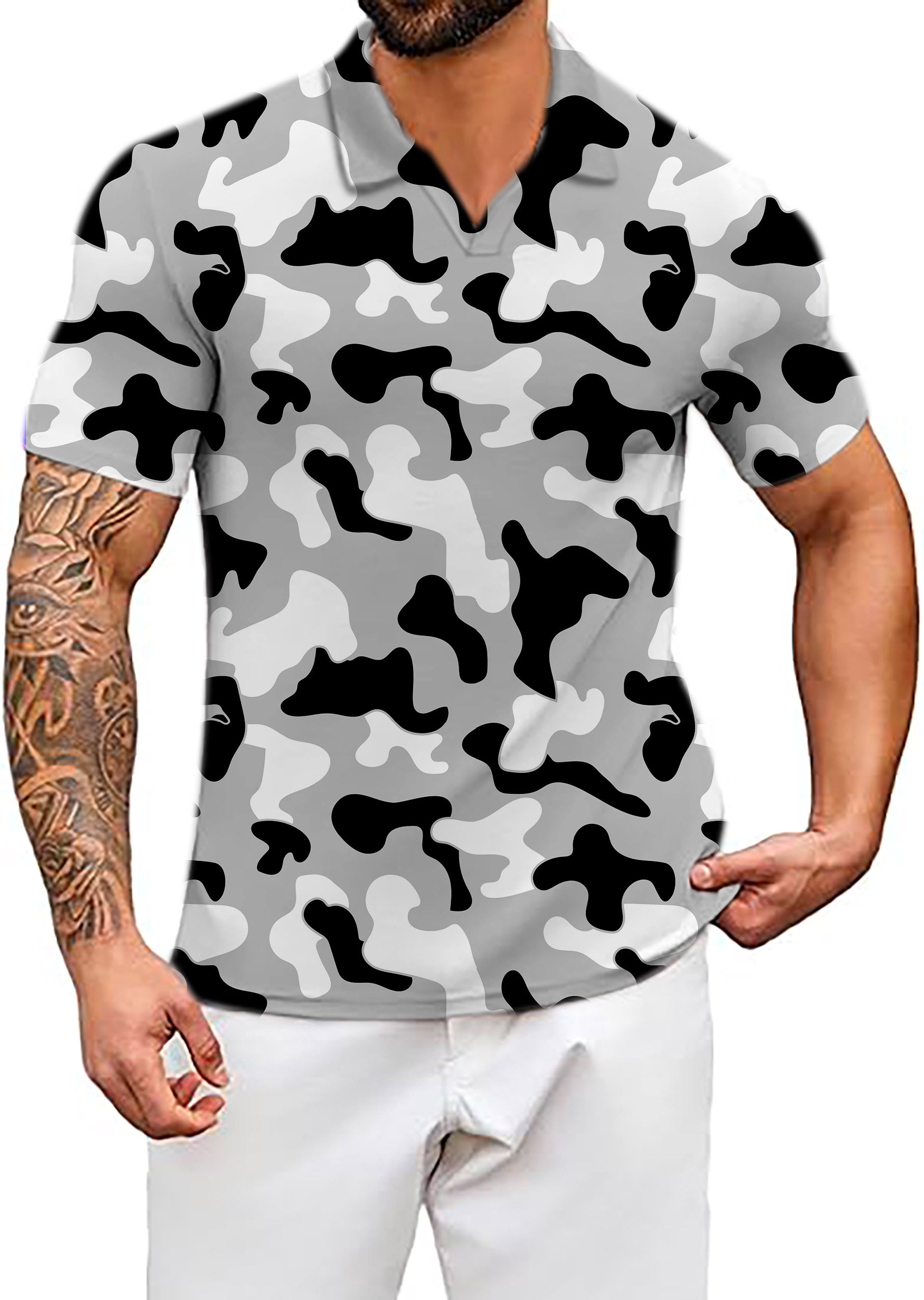Men's Grey camouflage V Neck Golf Polo Shirts limited edition