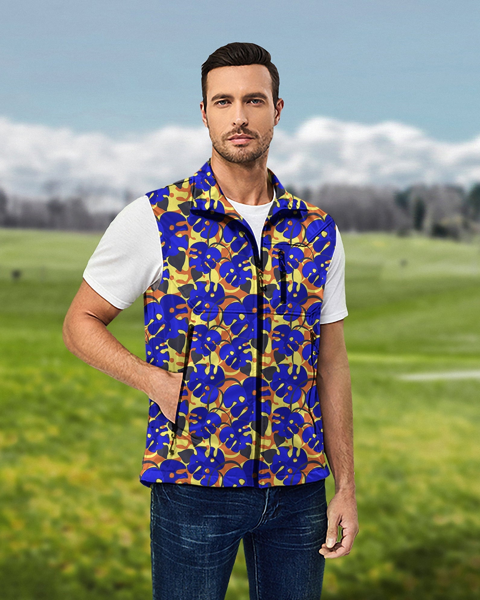 Men's sleeveless softshell vest with tropical leaves and plants pattern, windproof and waterproof golf jacket