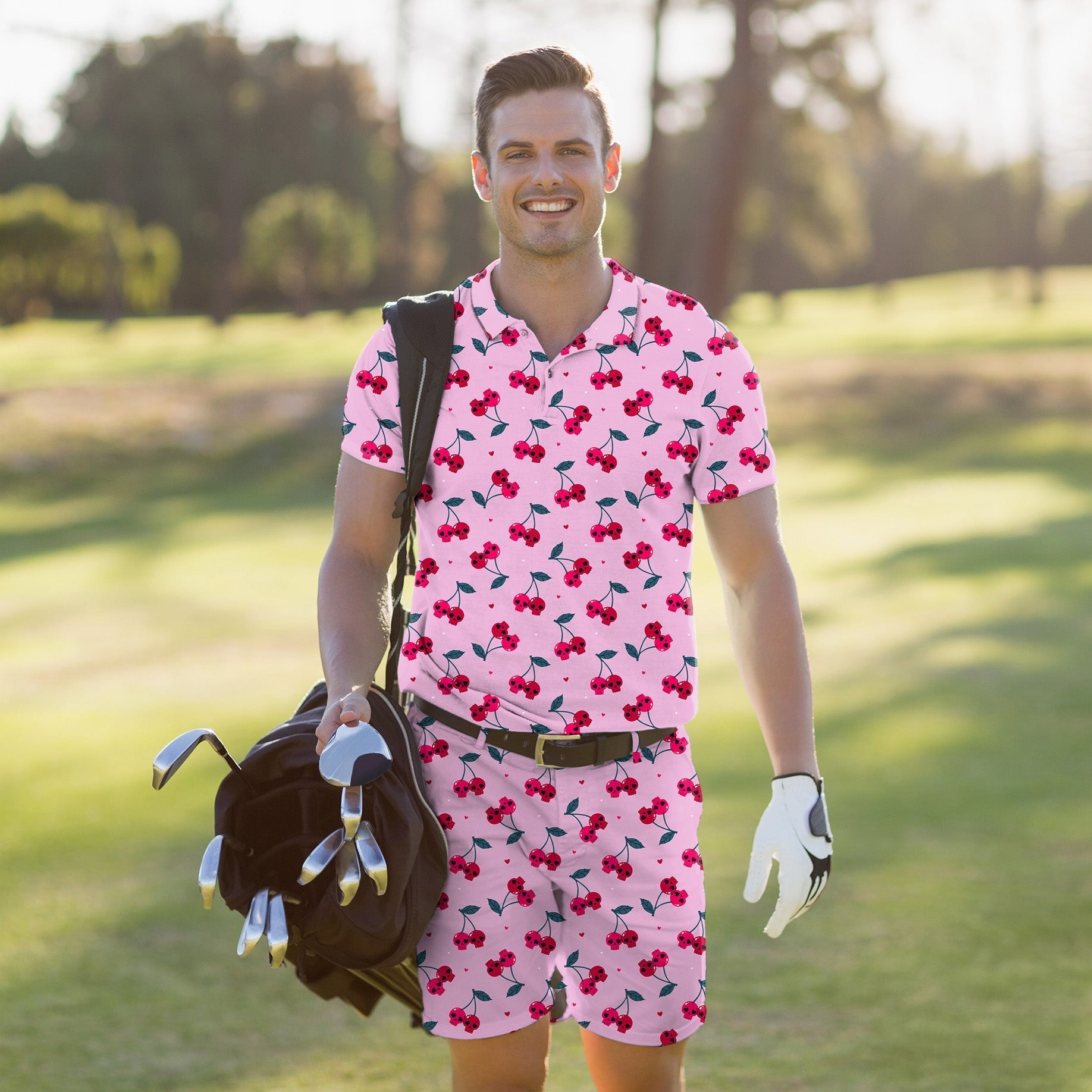 Men's golf set polo and shorts with Halloween cherry skull design, moisture-wicking, four-way stretch, wrinkle resistant, UPF 40+ protection, classic fit.