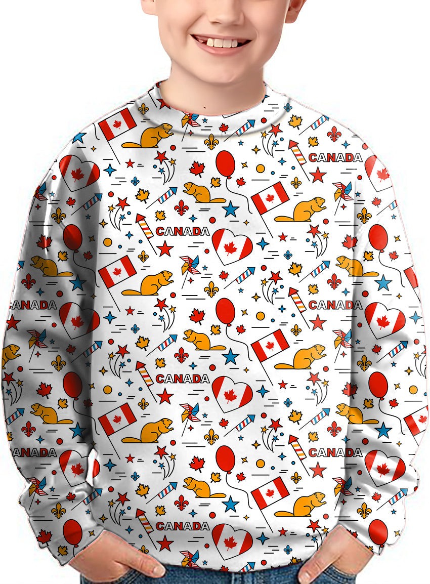 Kids crewneck pullover with Canadian Balloon Squirrel and maple leaf pattern