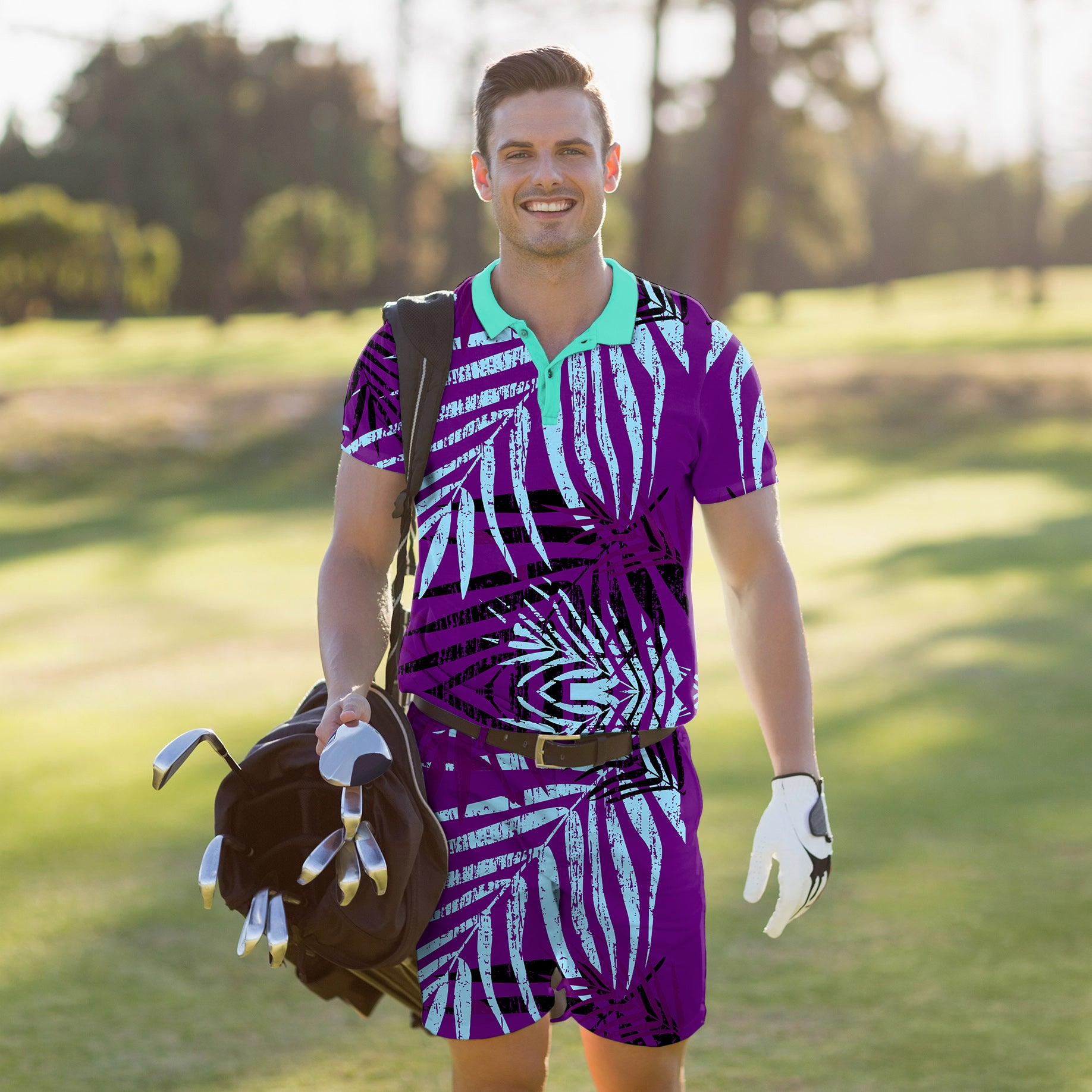 Men's Golf Set Polo+Shorts purple leaf