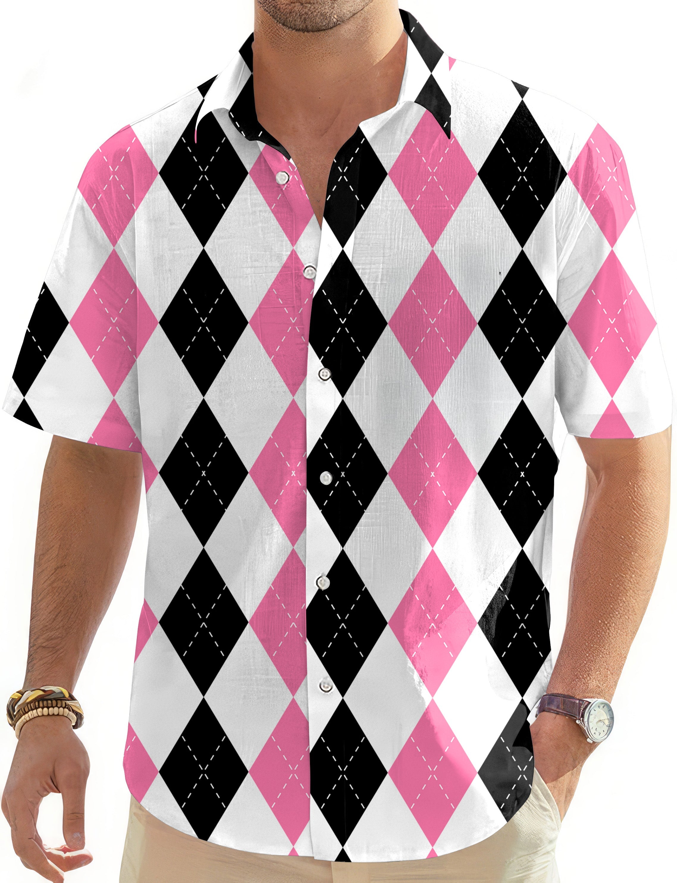 Men's Golf Hawaiian shirt with pink and black argyle pattern, button-down short sleeve design