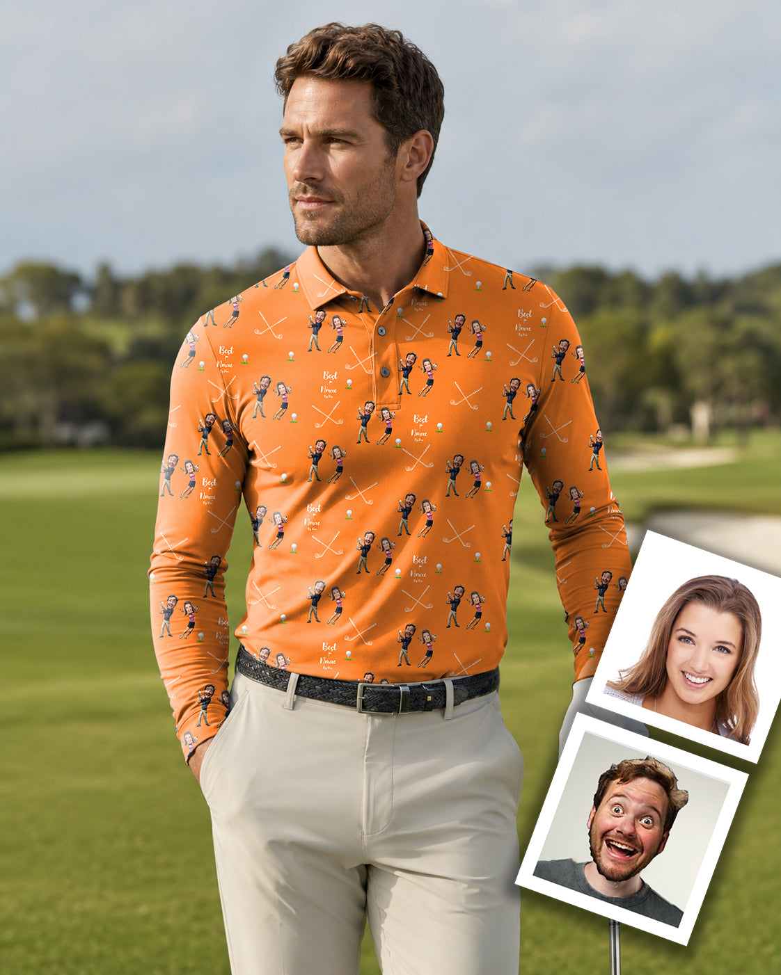 Men's Custom Couple Photo Face & Name Long-sleeved Polo