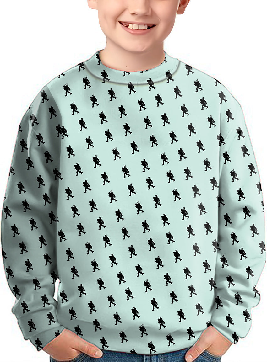 Kids Bigfoot crewneck pullover ugly sweater with all-over Bigfoot pattern