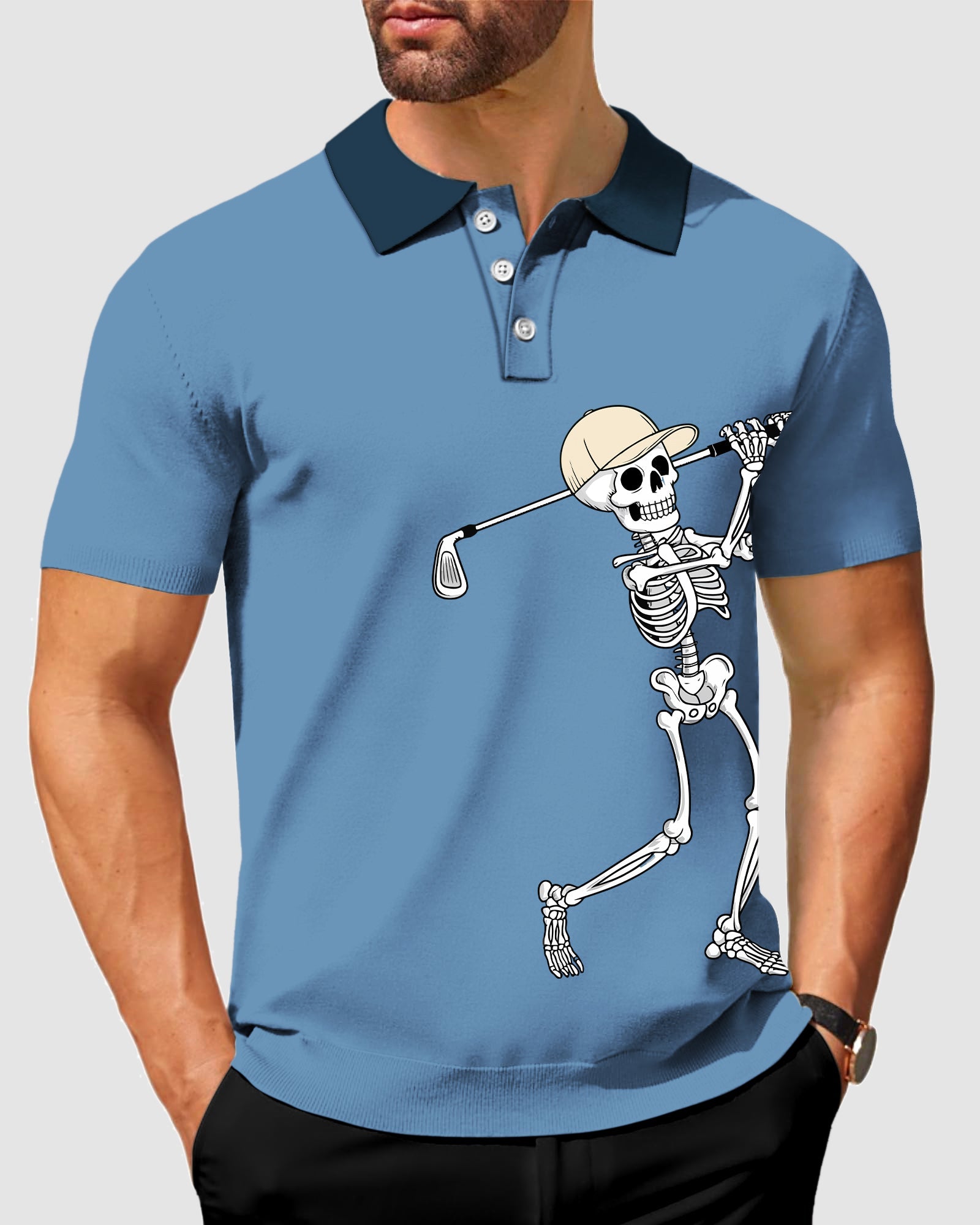 Men's white blue Halloween skeleton golf polo shirt with classic fit and moisture-wicking fabric