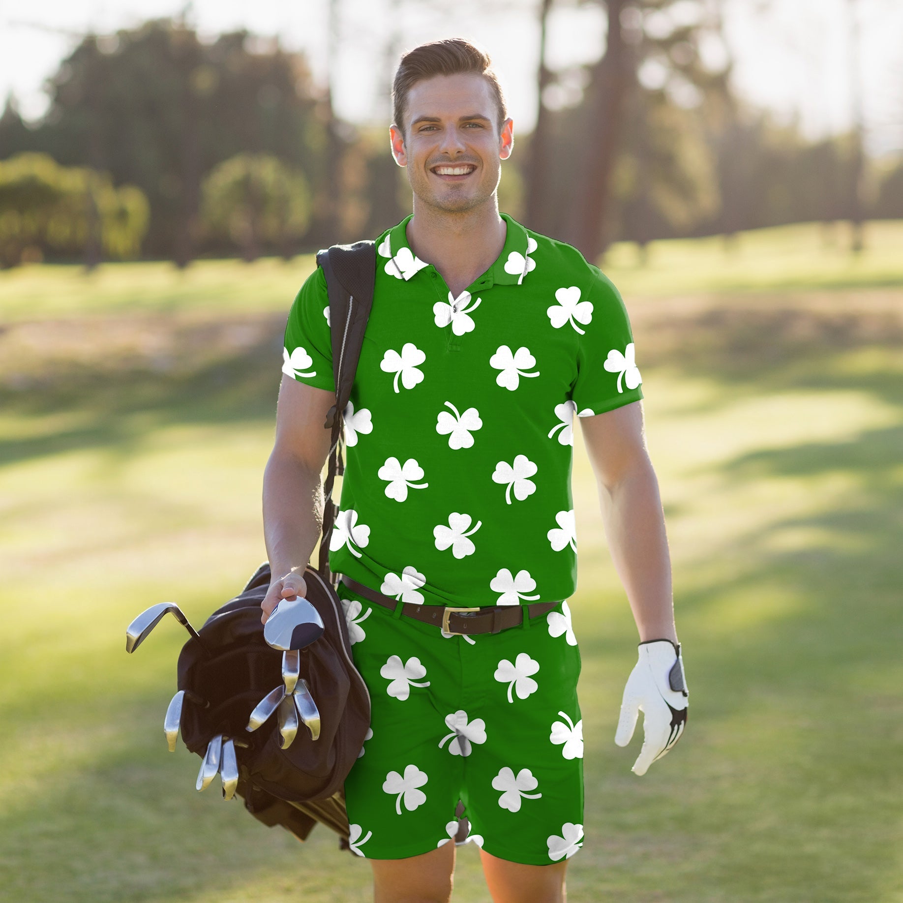 Men's Golf Set with green polo and shorts featuring white leaf clover St. Patrick's Day design, moisture-wicking and wrinkle-resistant fabric