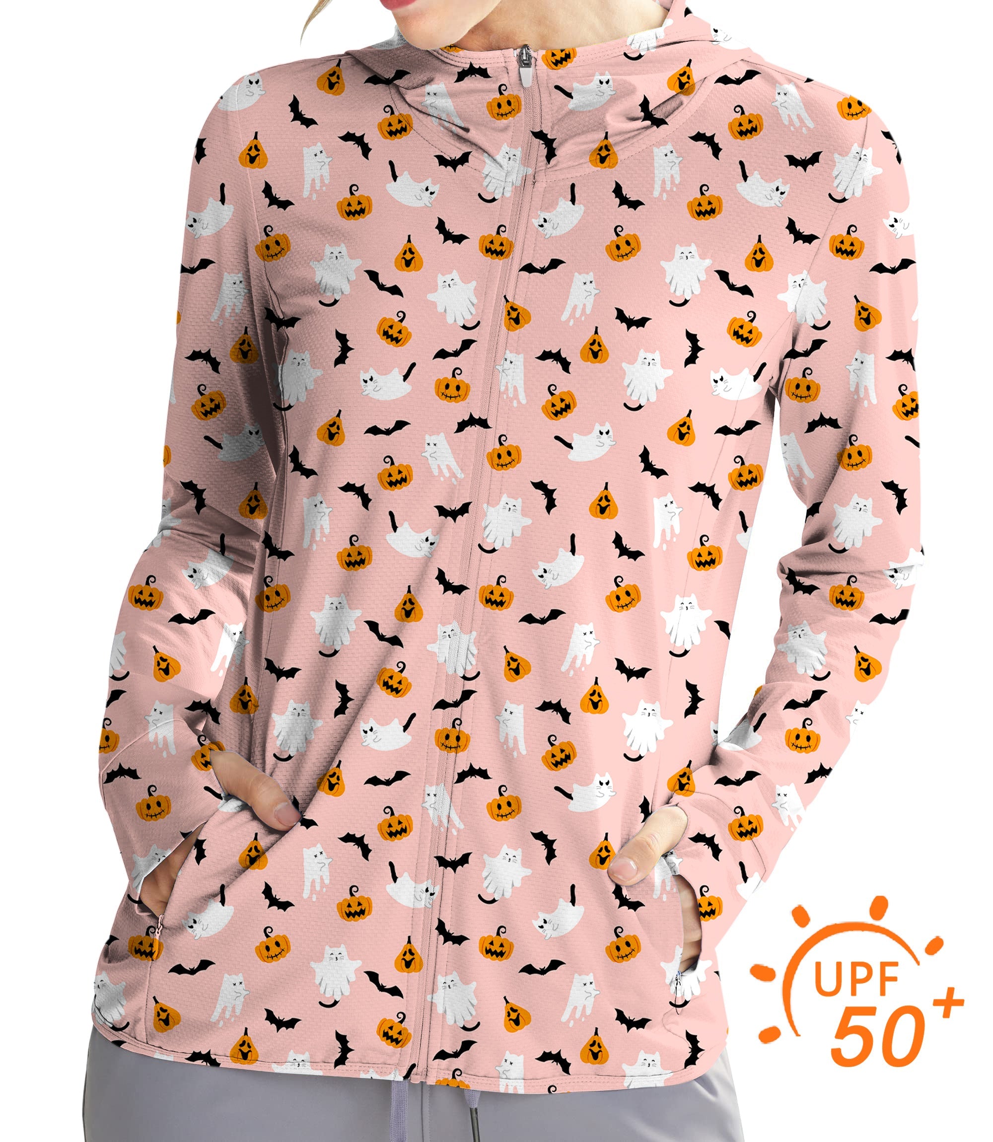 Women's Halloween zip hoodie with kawaii ghost and pumpkin print, UPF 50+ sun protection, slim fit for outdoor activities
