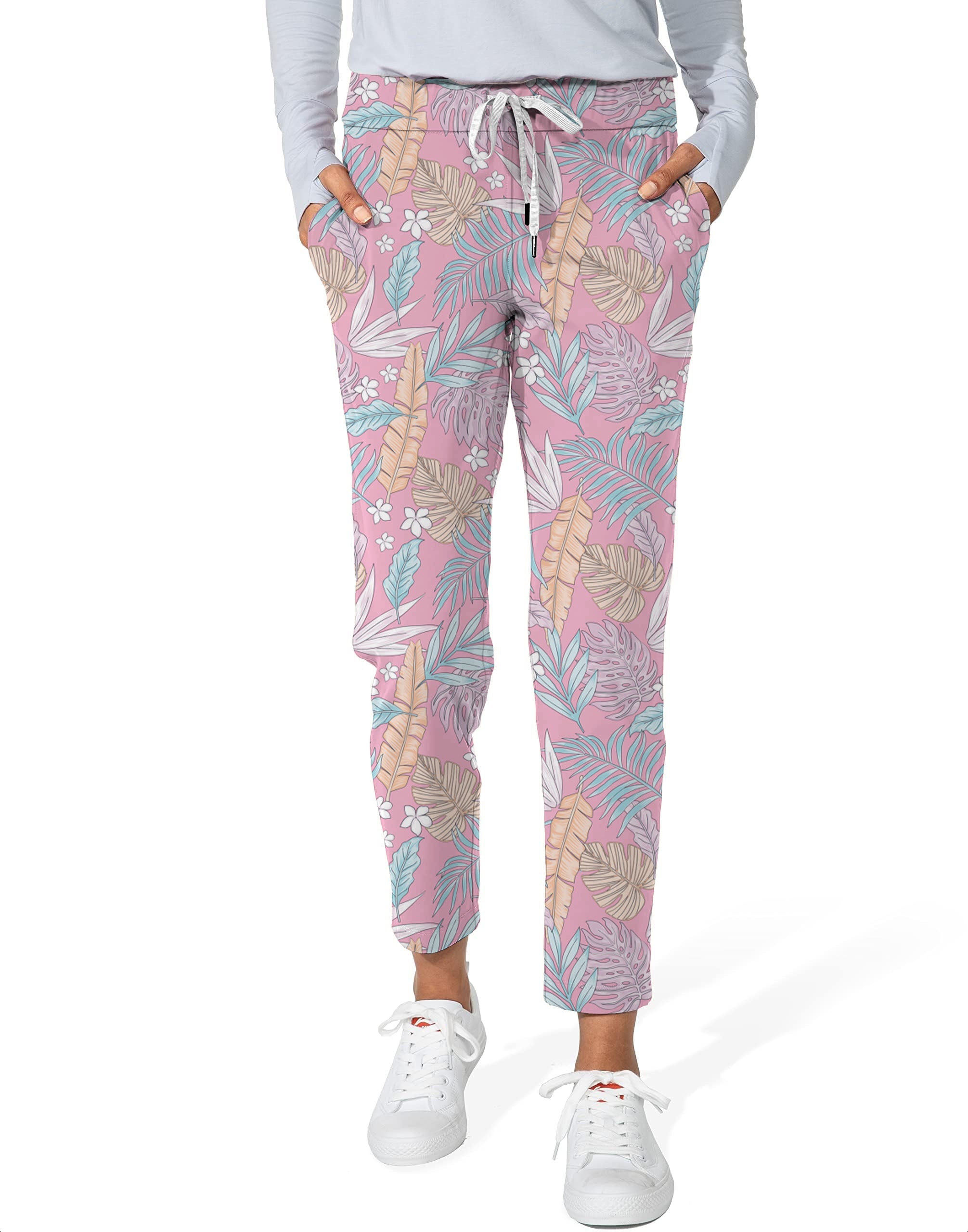 Feathered Paradise women's 7/8 stretch ankle golf pants with tropical floral pattern