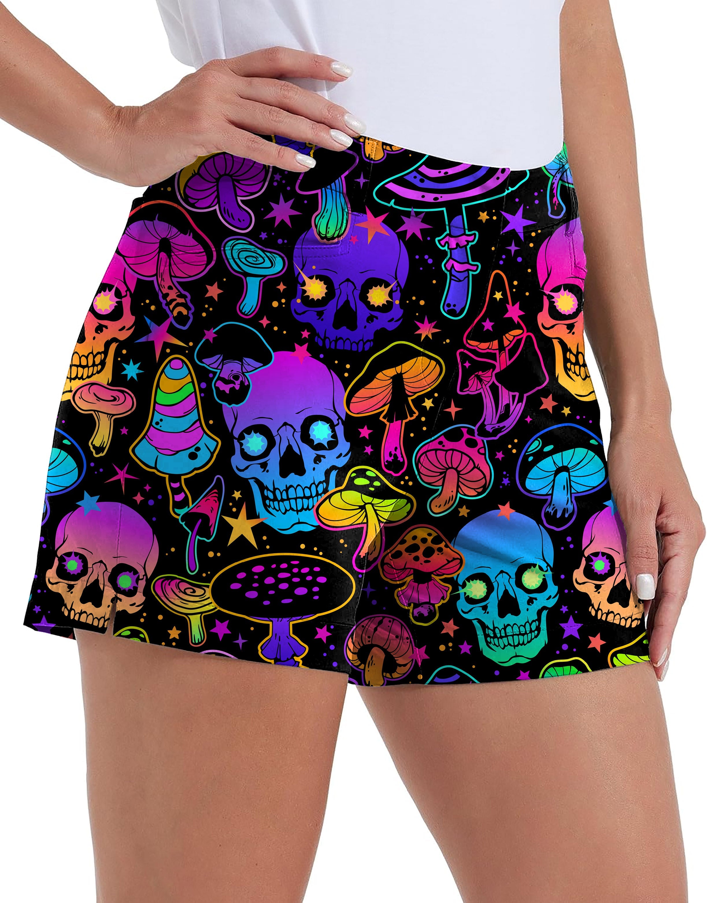 women's quick-drying neon skull golf shorts with pockets and colorful mushroom design