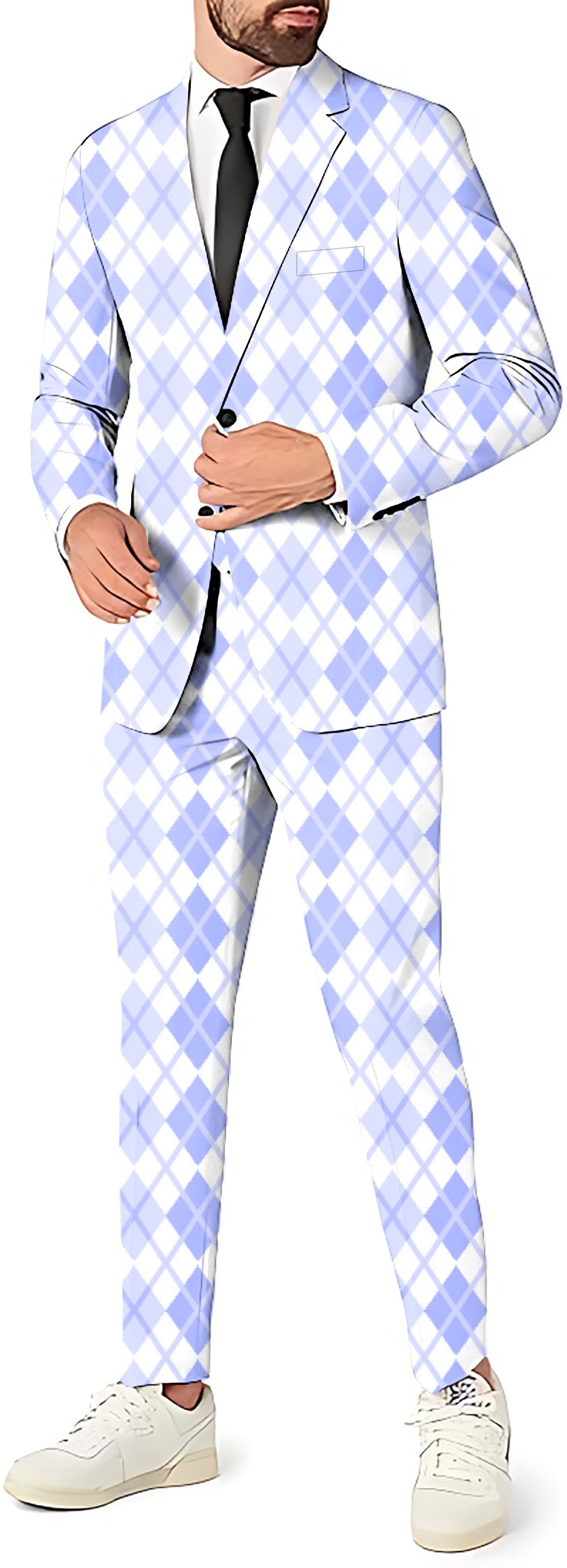 Men's Argyle purple grid party suit with blazer, vest, and pants in slim fit style