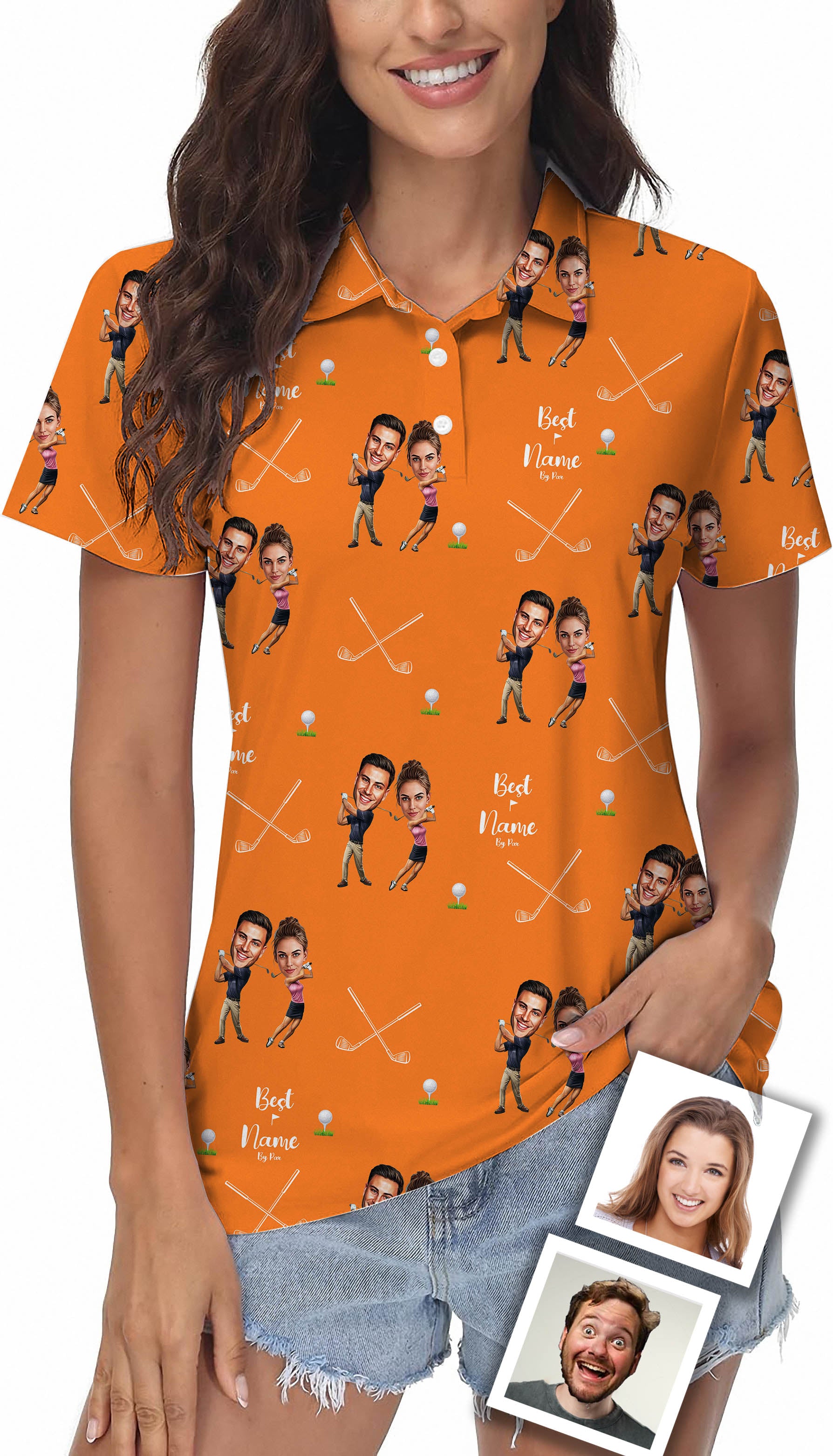 Custom Couple Photo Face & Name Women's Golf Polo