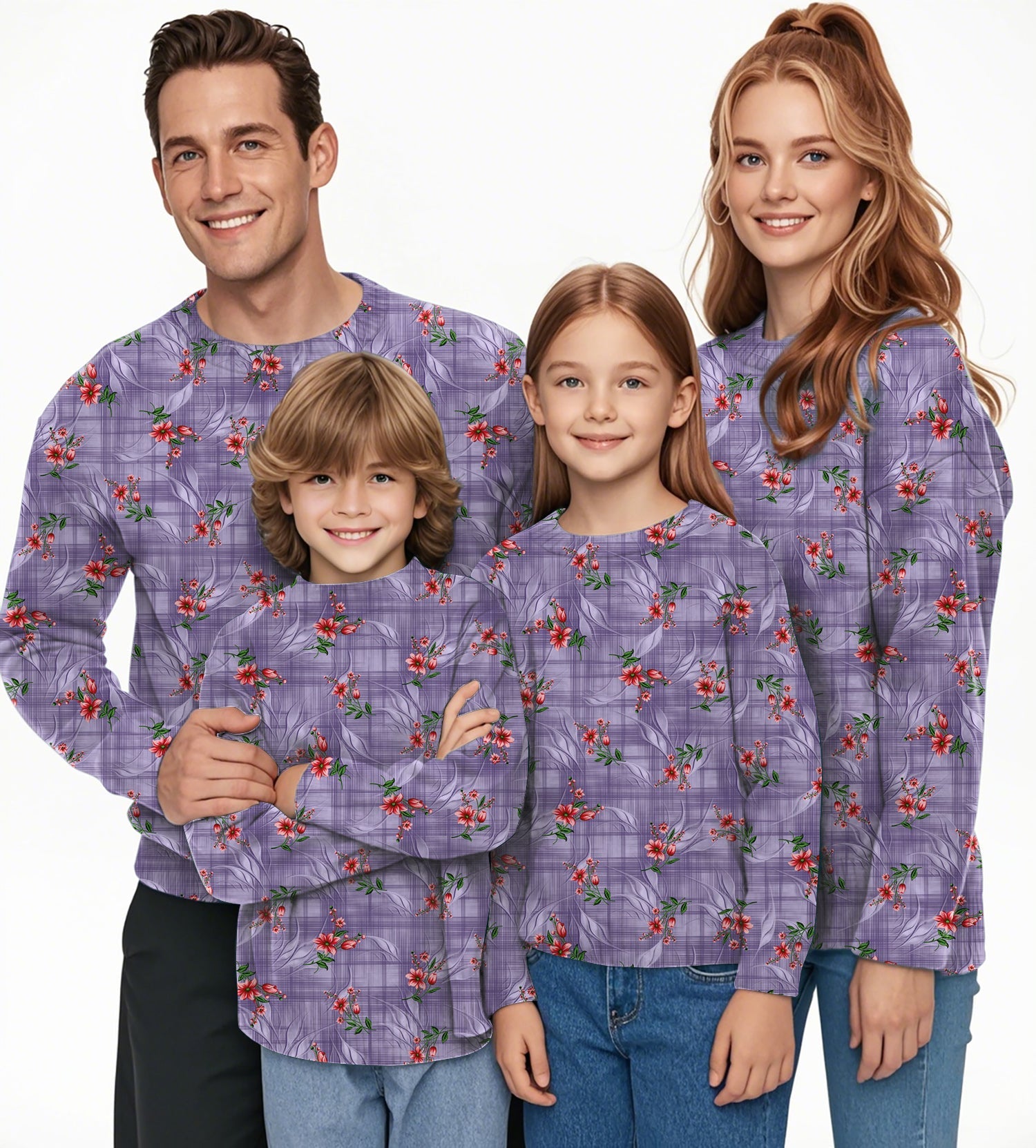 Family wearing purple flower crewneck pullover ugly sweaters