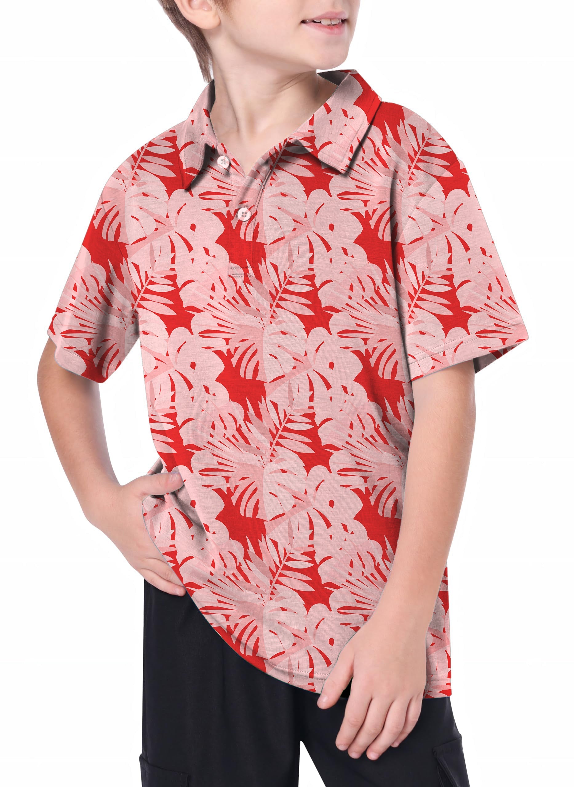 Youth Golf Polo with red tropical leaves pattern, moisture-wicking and UPF 40+ protection