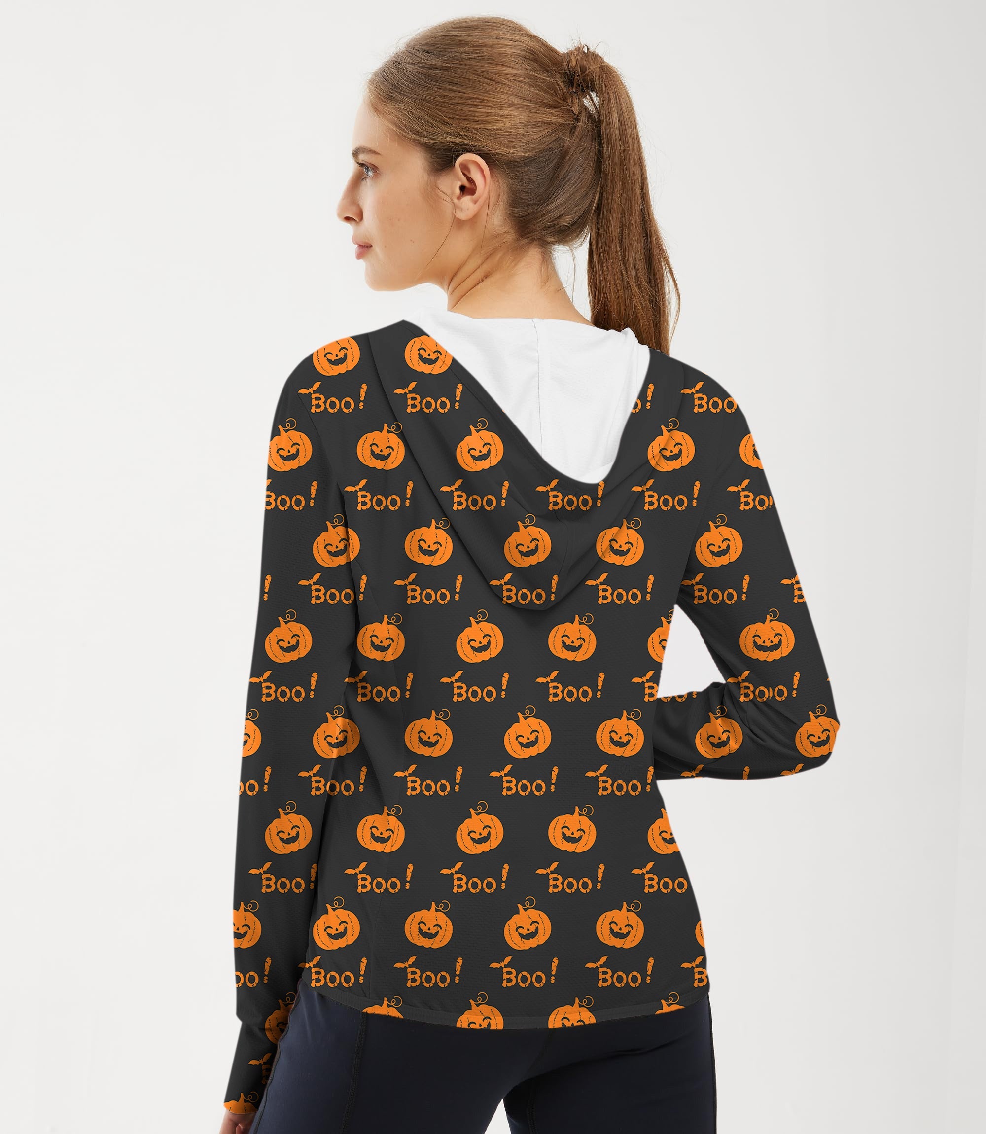 Women's outdoor Halloween hoodie with Boo pumpkin print, slim fit, sun protection, and thumb holes