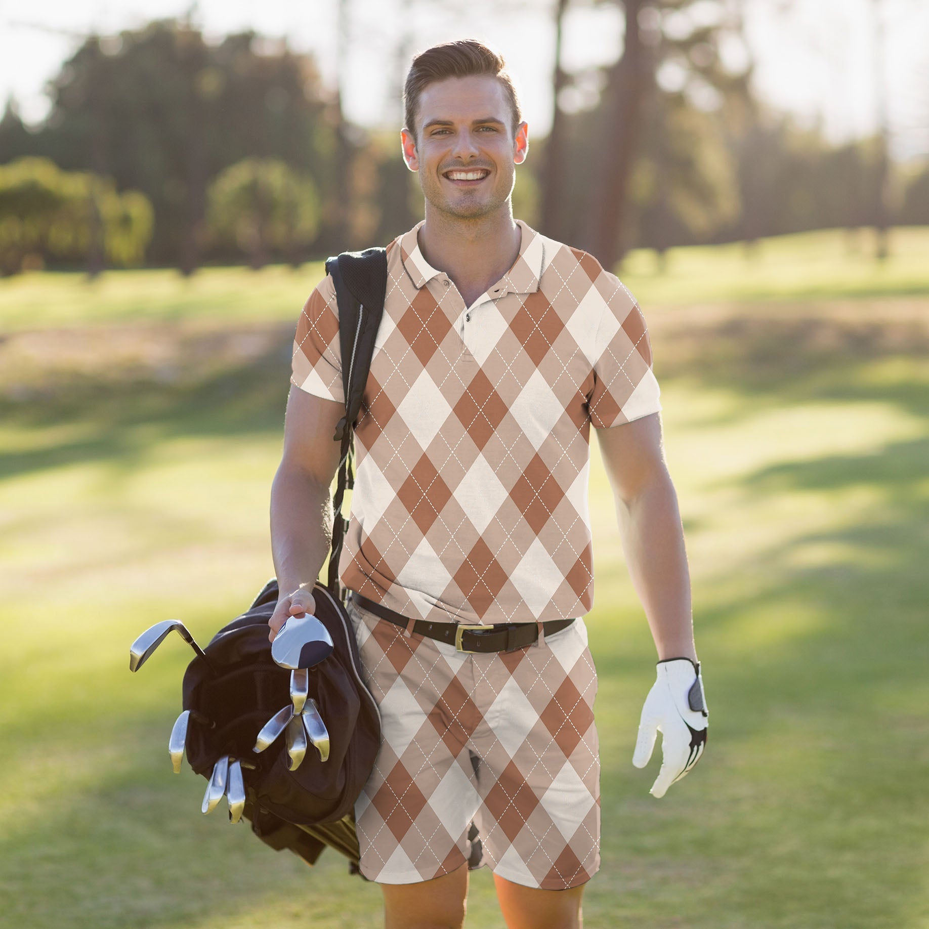 Men's brown argyle golf set polo and shorts with stretch fabric and UPF 40+ protection on golf course