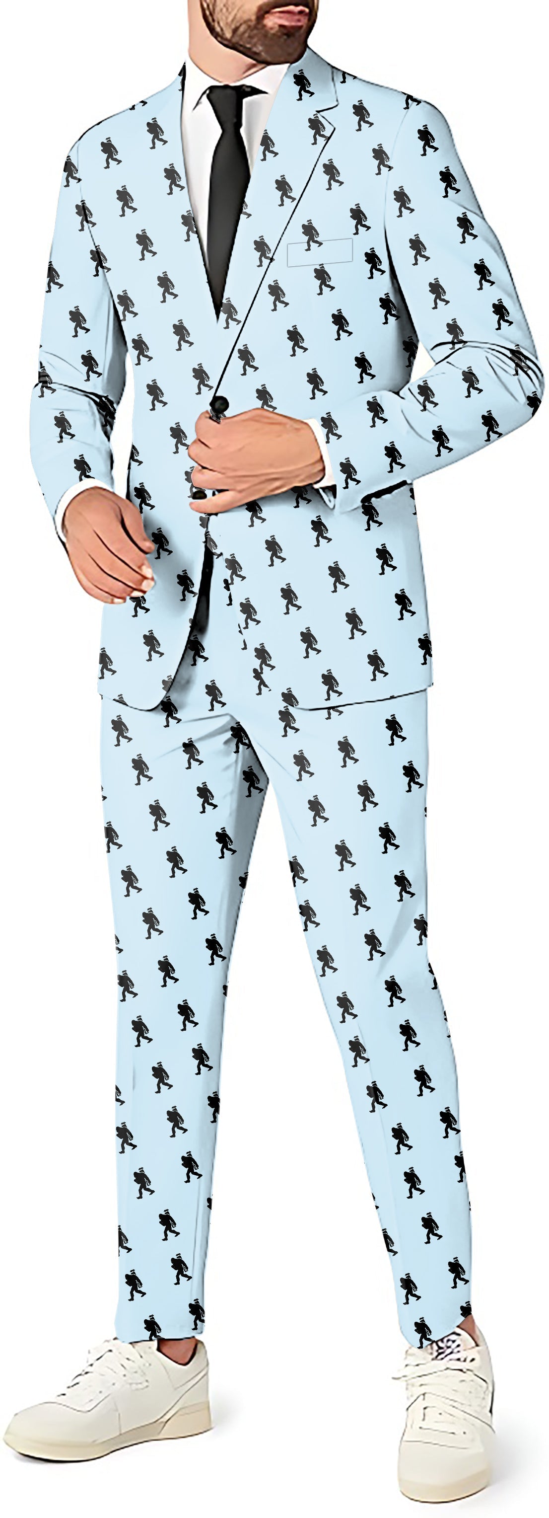Bigfoot men's party costume suit set with blazer, pants, and vest in light blue with black Bigfoot pattern