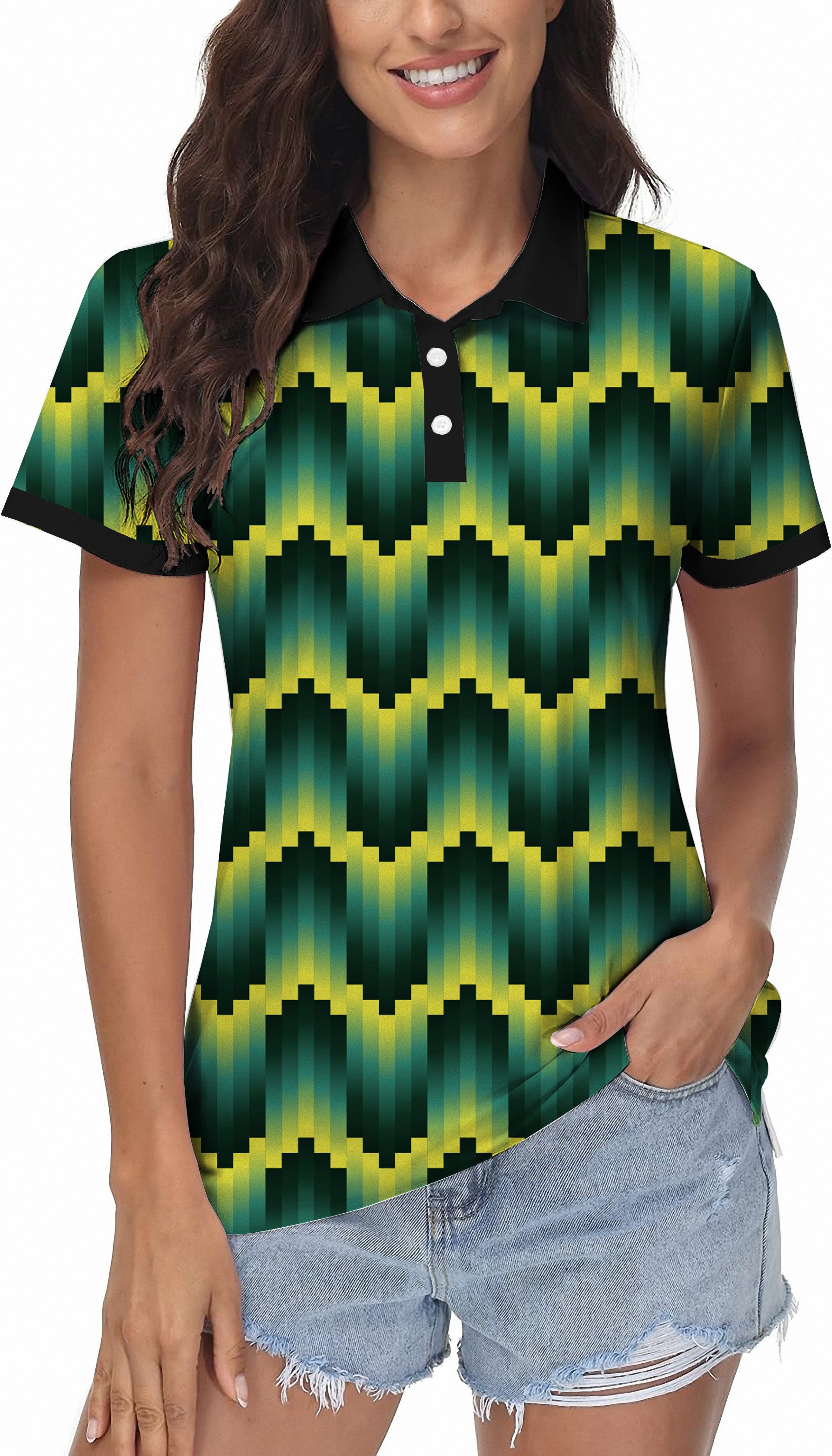 Green Ripples custom women's golf polo with four-way stretch and moisture-wicking fabric