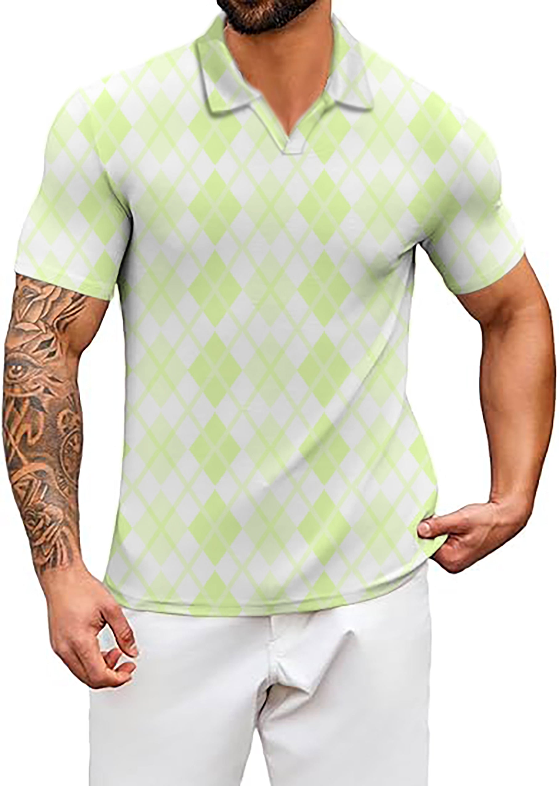 Men's green grid V Neck Golf Polo Shirts
