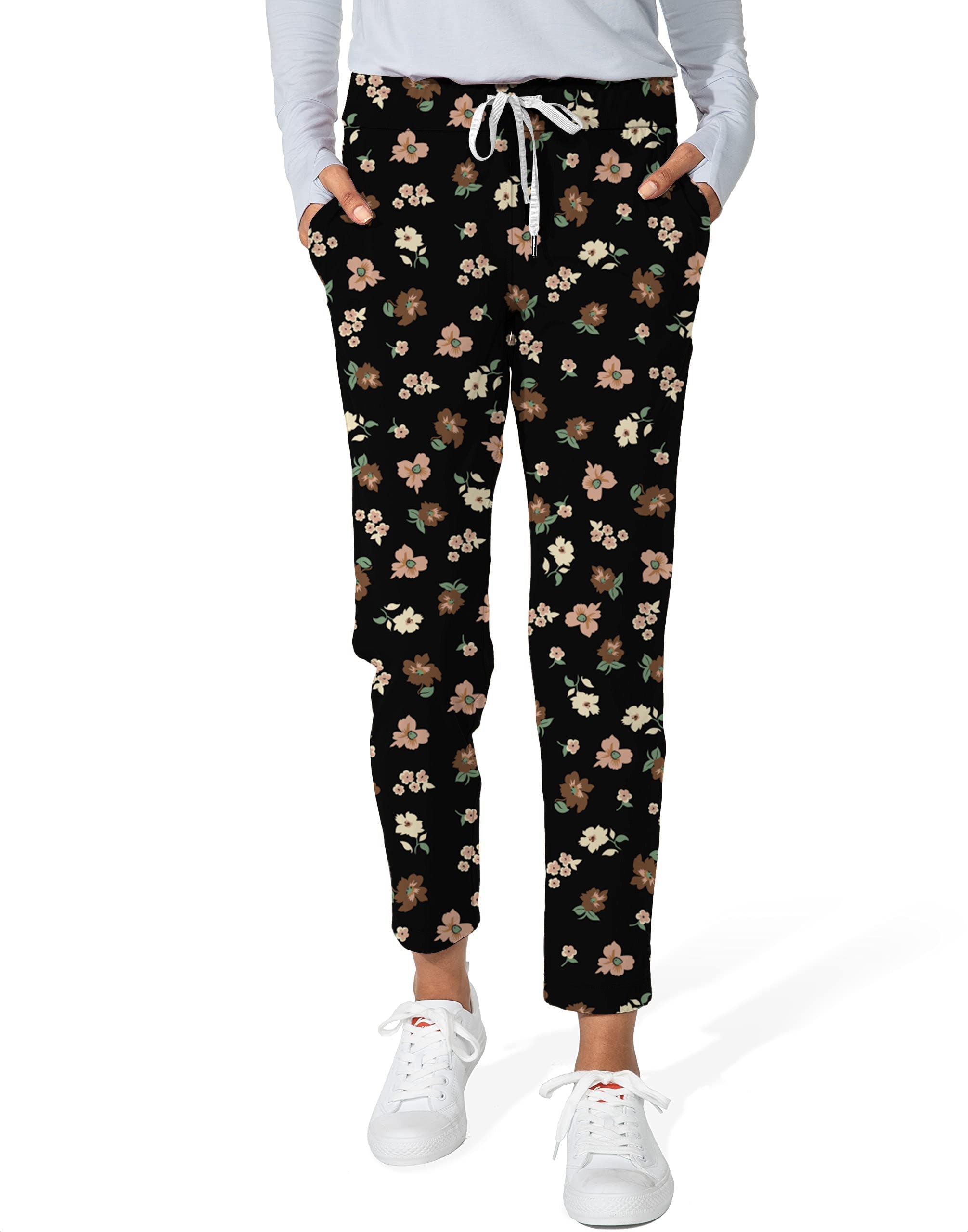 black flower women's 7/8 stretch ankle golf pants with floral pattern