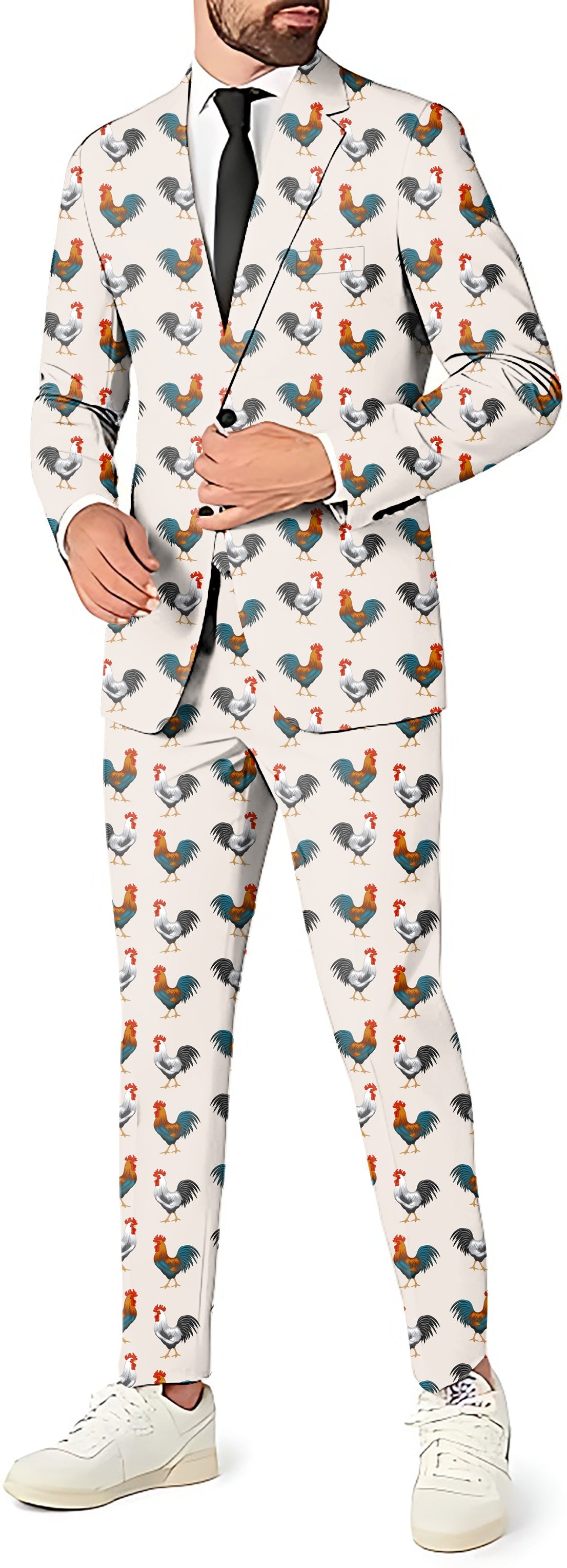 Mr Cocky Men’s party suit set with rooster print blazer, pants, and vest in slim fit style