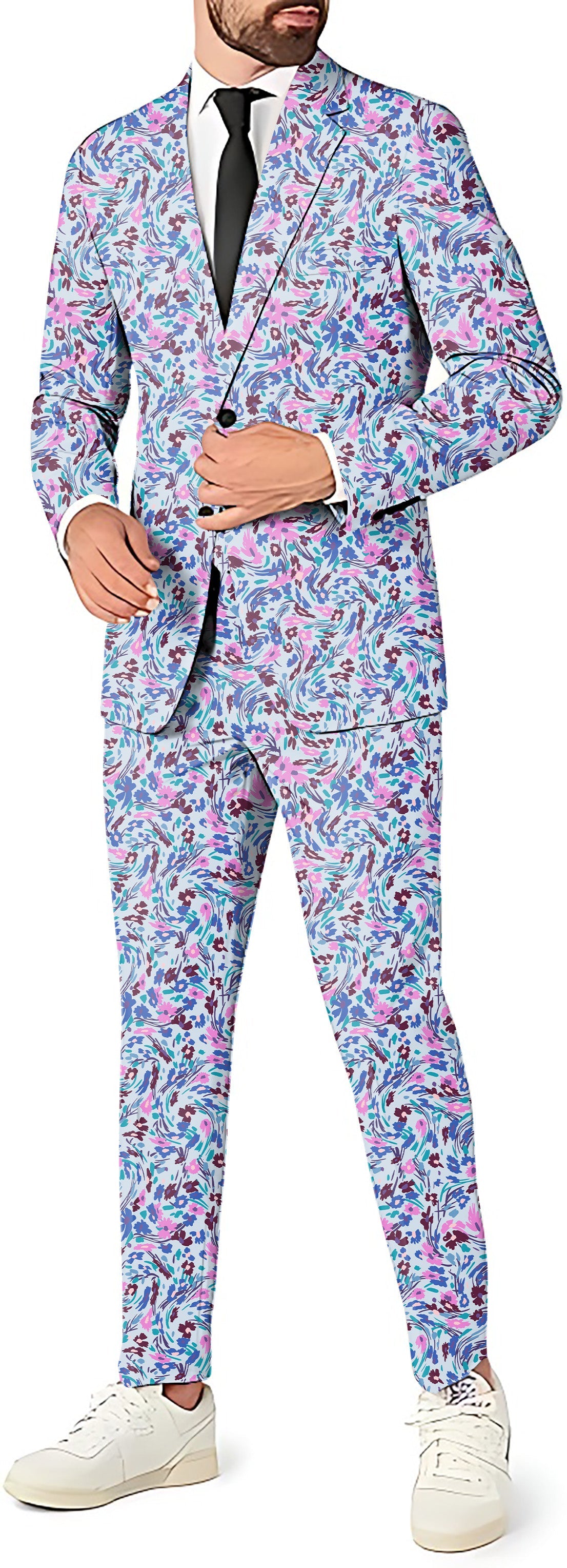 Flower Twist Men's floral pattern party blazer, pants, and vest suit set in slim fit style