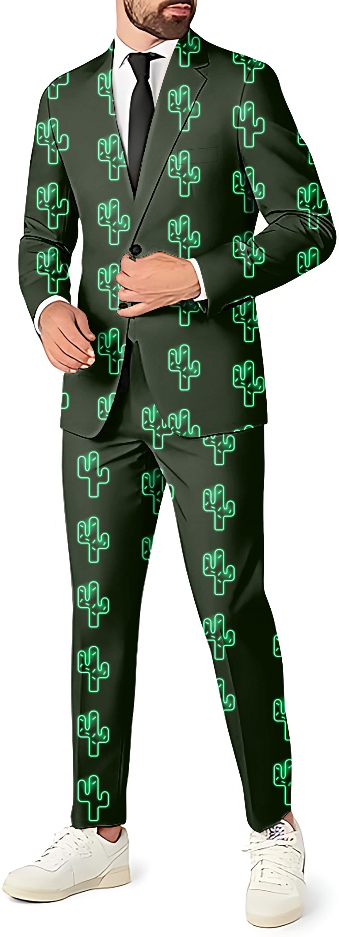 Crazy Cactus Men's party costume suit set with blazer, pants, and vest featuring green cactus print