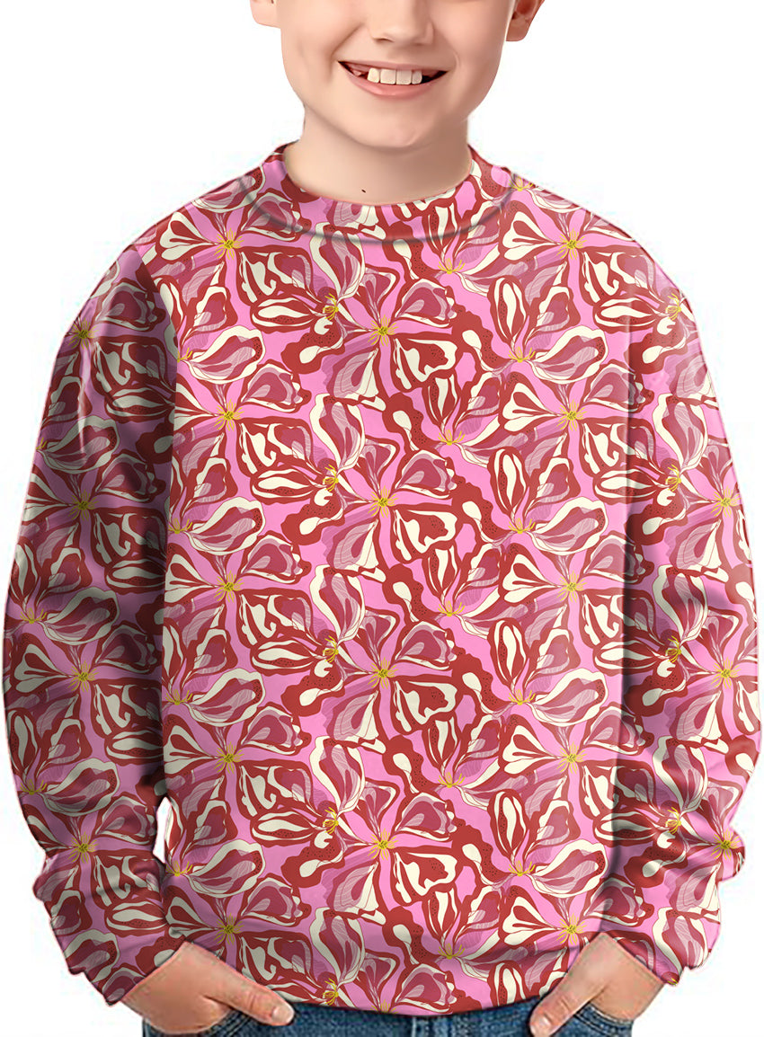 Kid wearing Sunset Blossom floral crewneck pullover ugly sweater