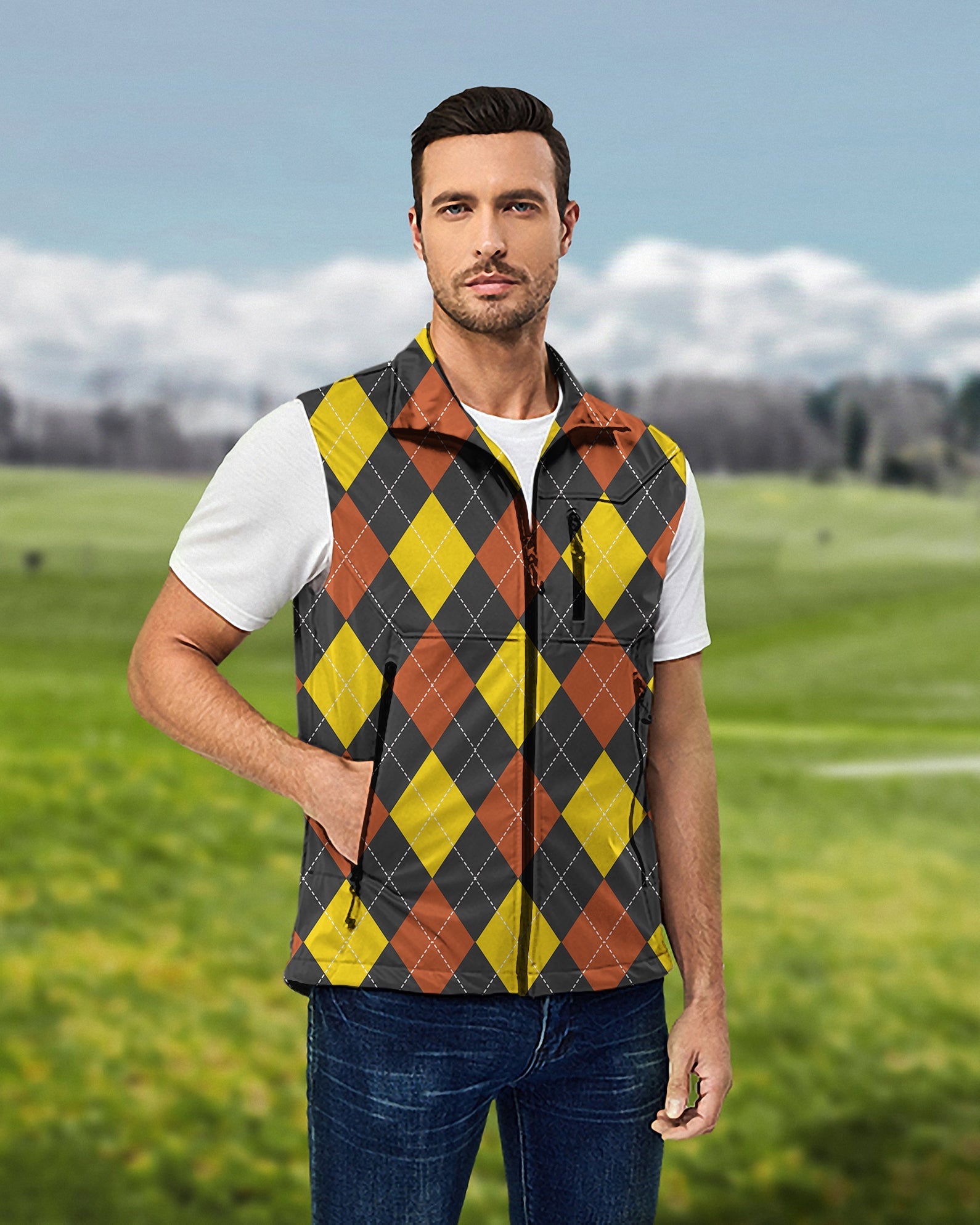 Men's red argyle sleeveless softshell vest for golf, windproof and waterproof