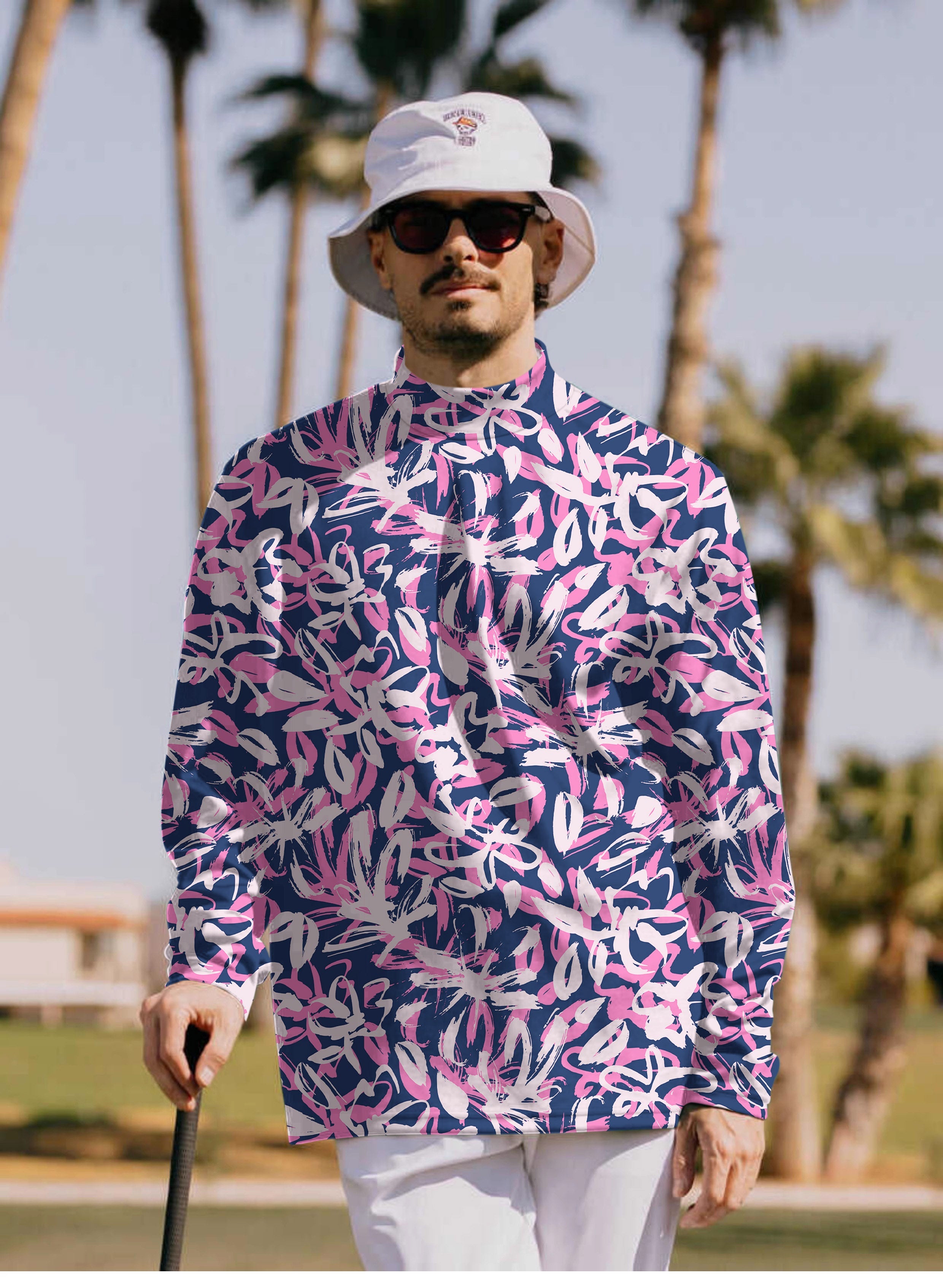 Men's Draw Flowers T-Shirt - High Neck, Long/Short Sleeve Pullover