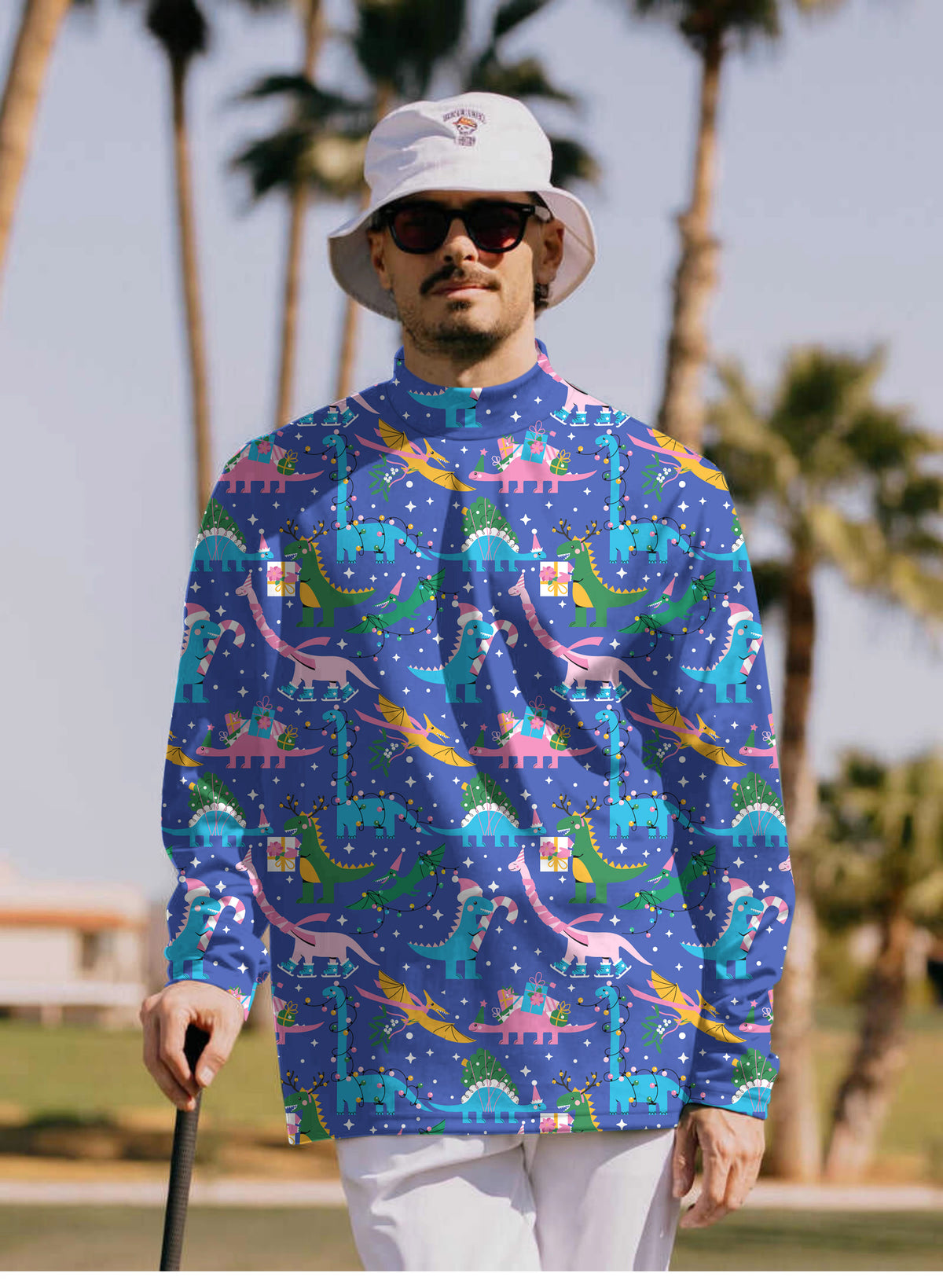 Men's Christmas Dinosaur Mock Neck Long/Short Sleeve Golf Tops