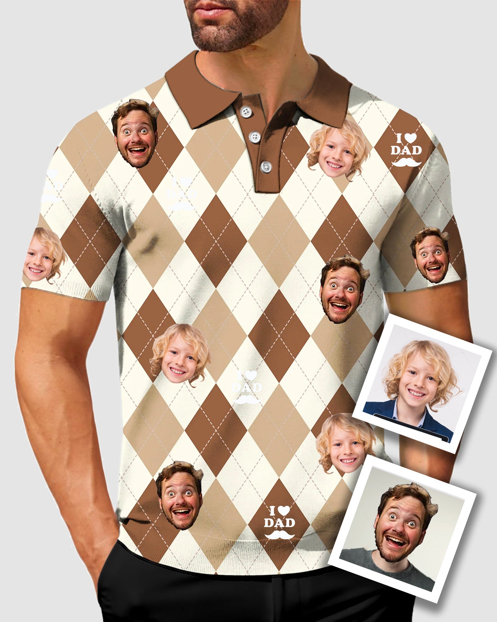 Men's My Dad Custom Face Brown Argyle Men's Golf Polo Father's Day Gift Polo