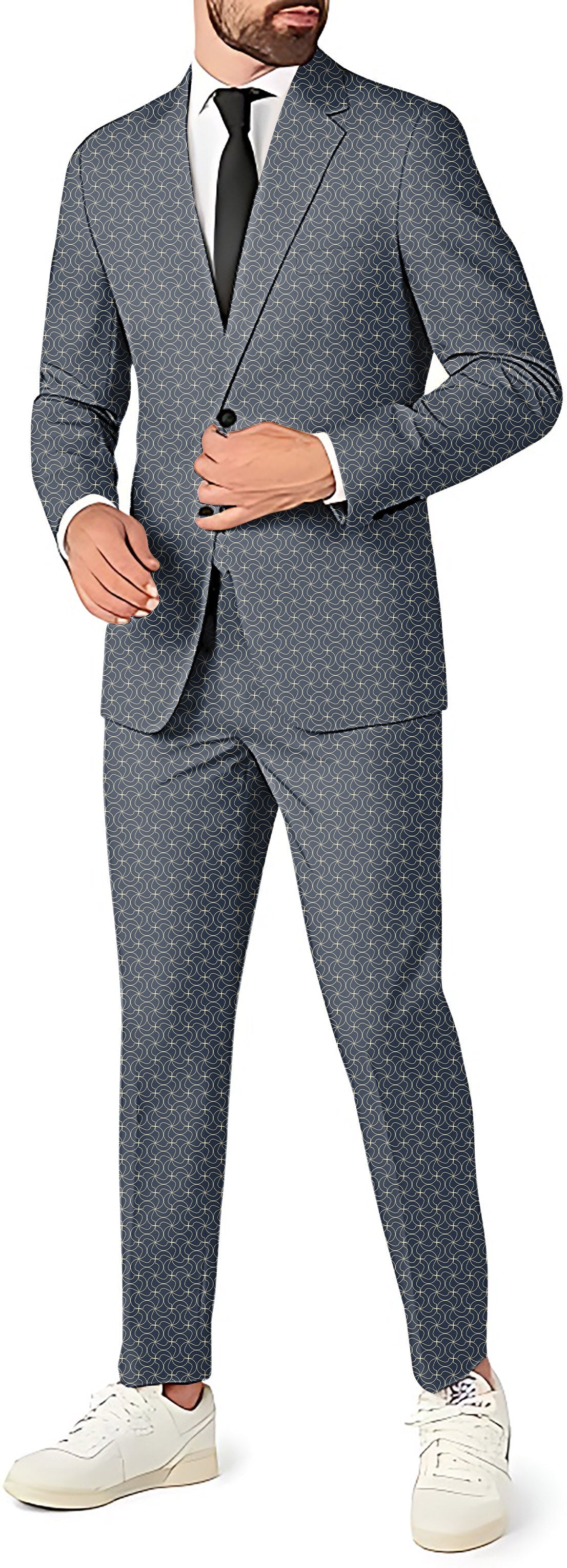 men's navy blue floral blazer and pants suit set with vest for parties