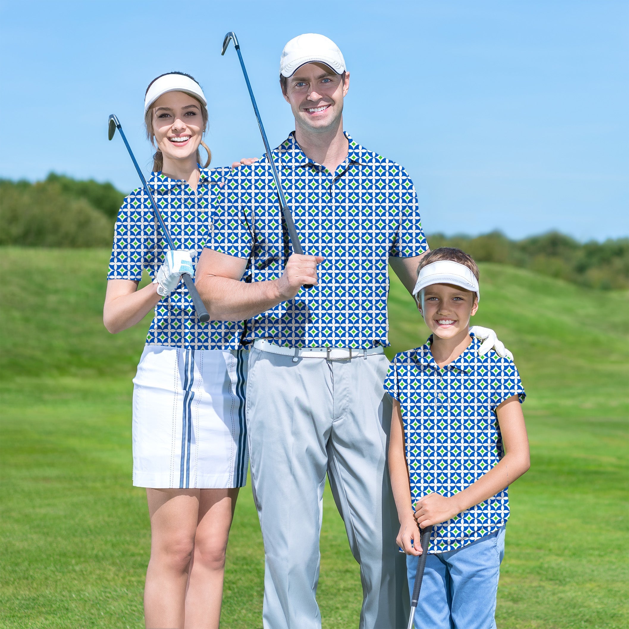 Family wearing blue-green diamond patterned golf shirts on a golf course with clubs
