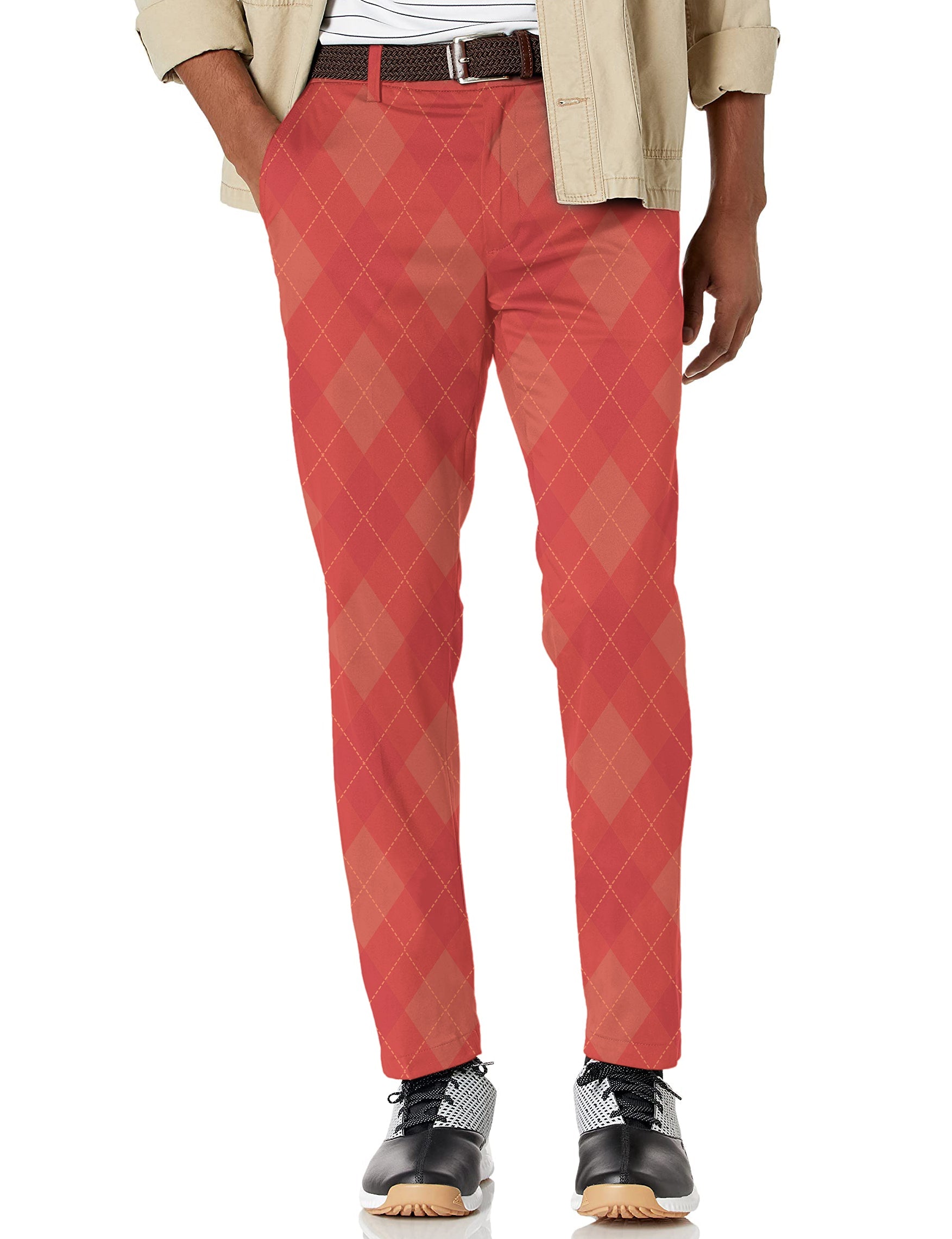 Men's red argyle stretch golf pants with moisture-wicking fabric and classic pockets