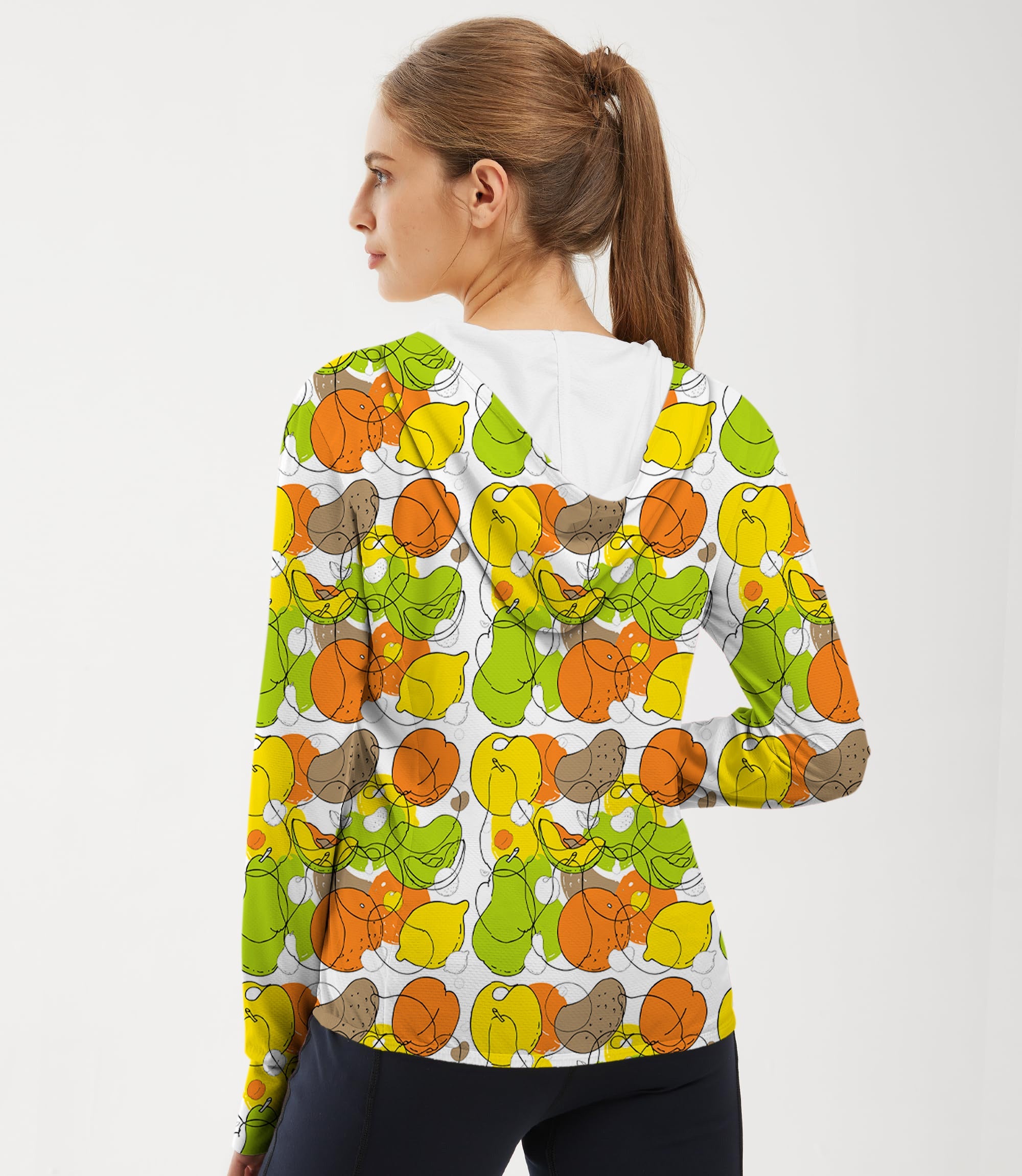 Women's outdoor slim fit zip hoodie with colorful fruit pattern and sun protection