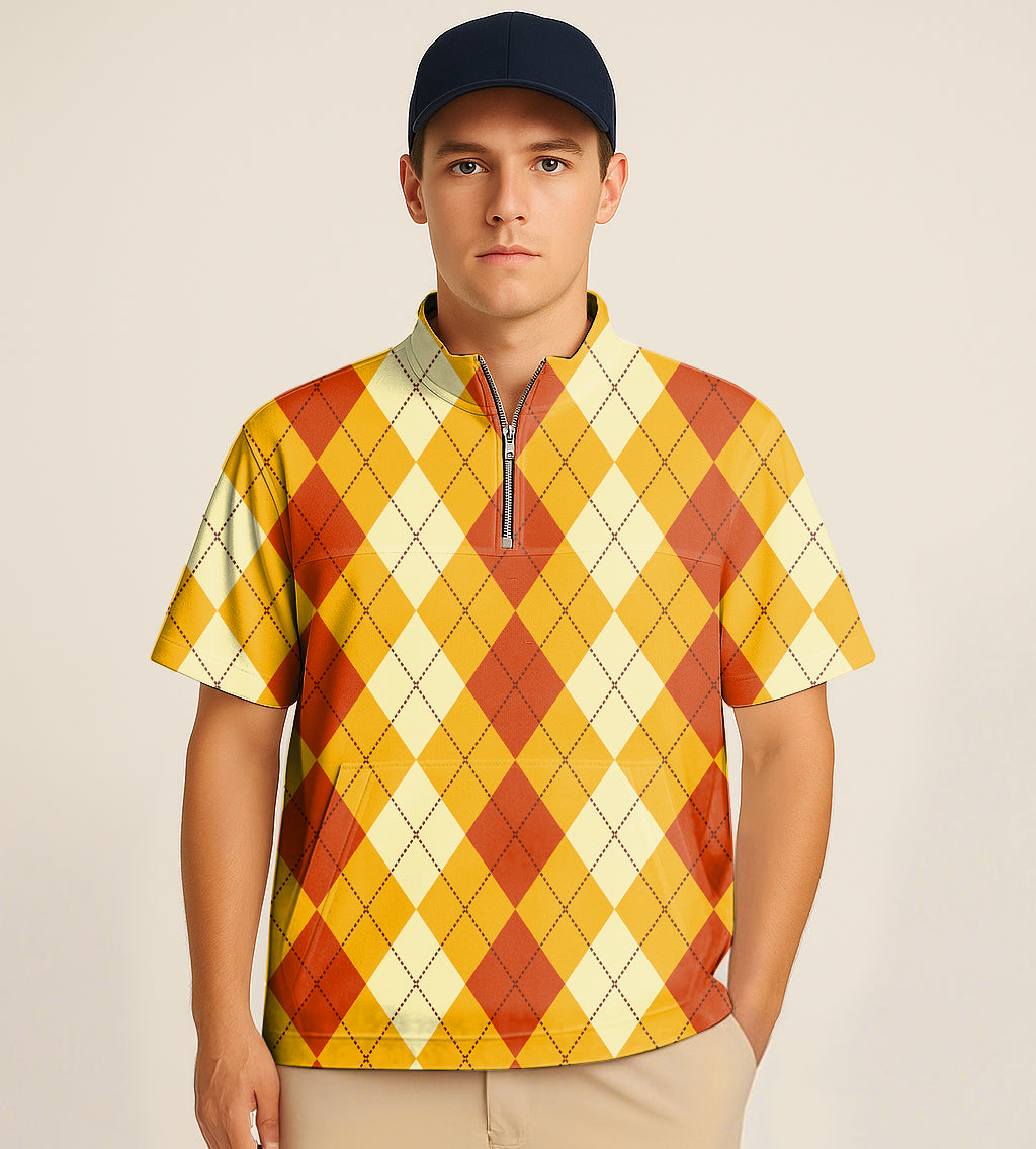 Man wearing half zipper turtleneck golf shirt with Halloween light yellow and red argyle embroidery