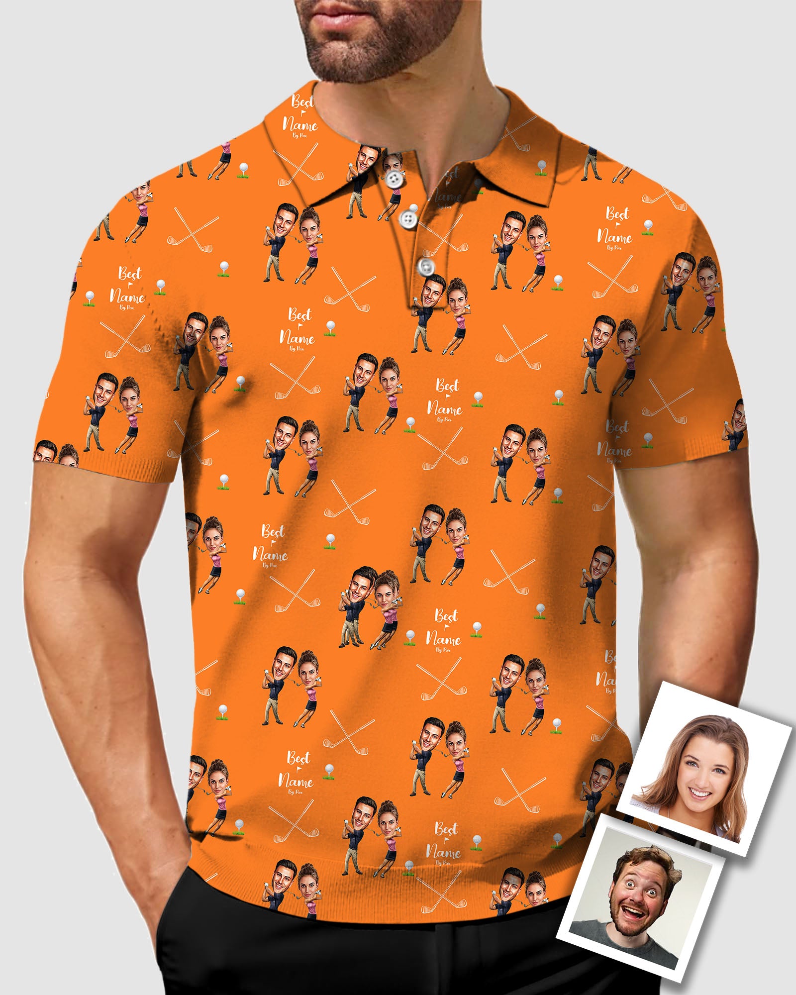 Men's Custom Couple Photo Face & Name Golf Polo