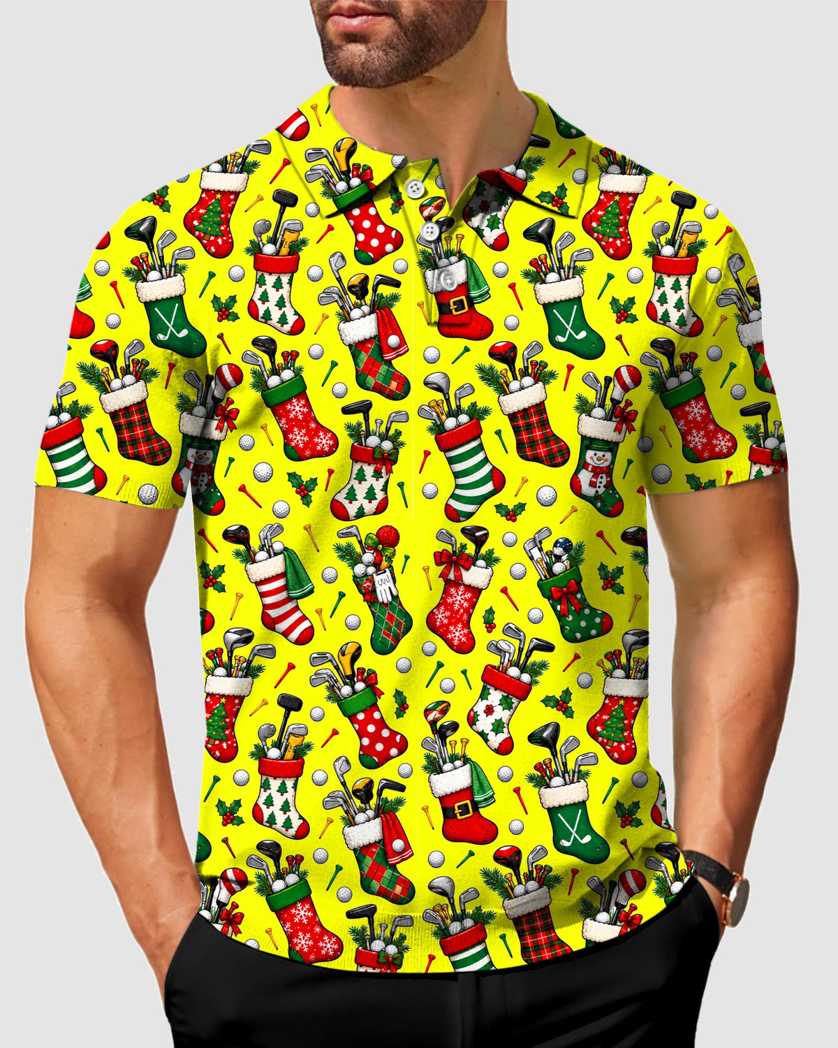 Men's Christmas Stocking yellow Designer style Sam’s Weird Studio Polo Sam’s Weird Studio