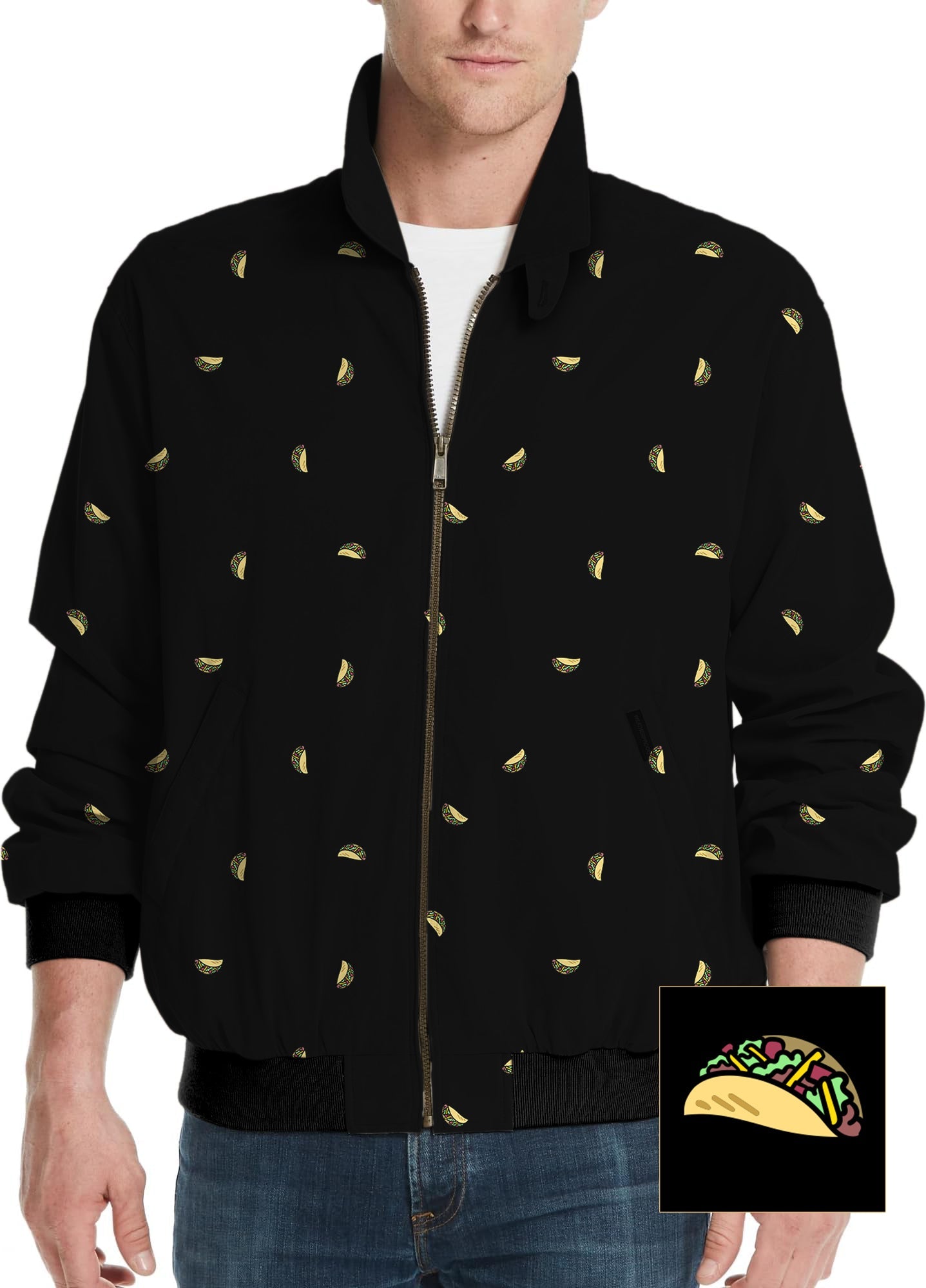 Men's black Taco Custom The Background Color golf windbreaker jacket with taco pattern and zipper front
