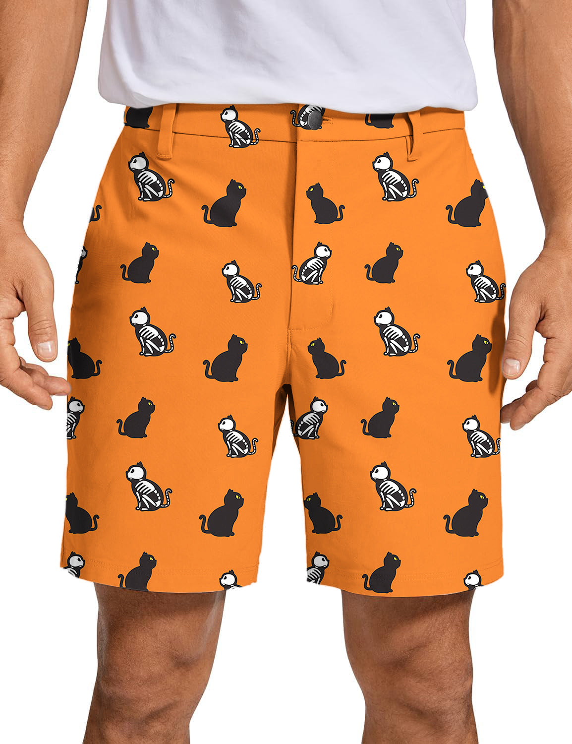 Men's Halloween Skull cat pattern orange golf shorts with quick dry fabric