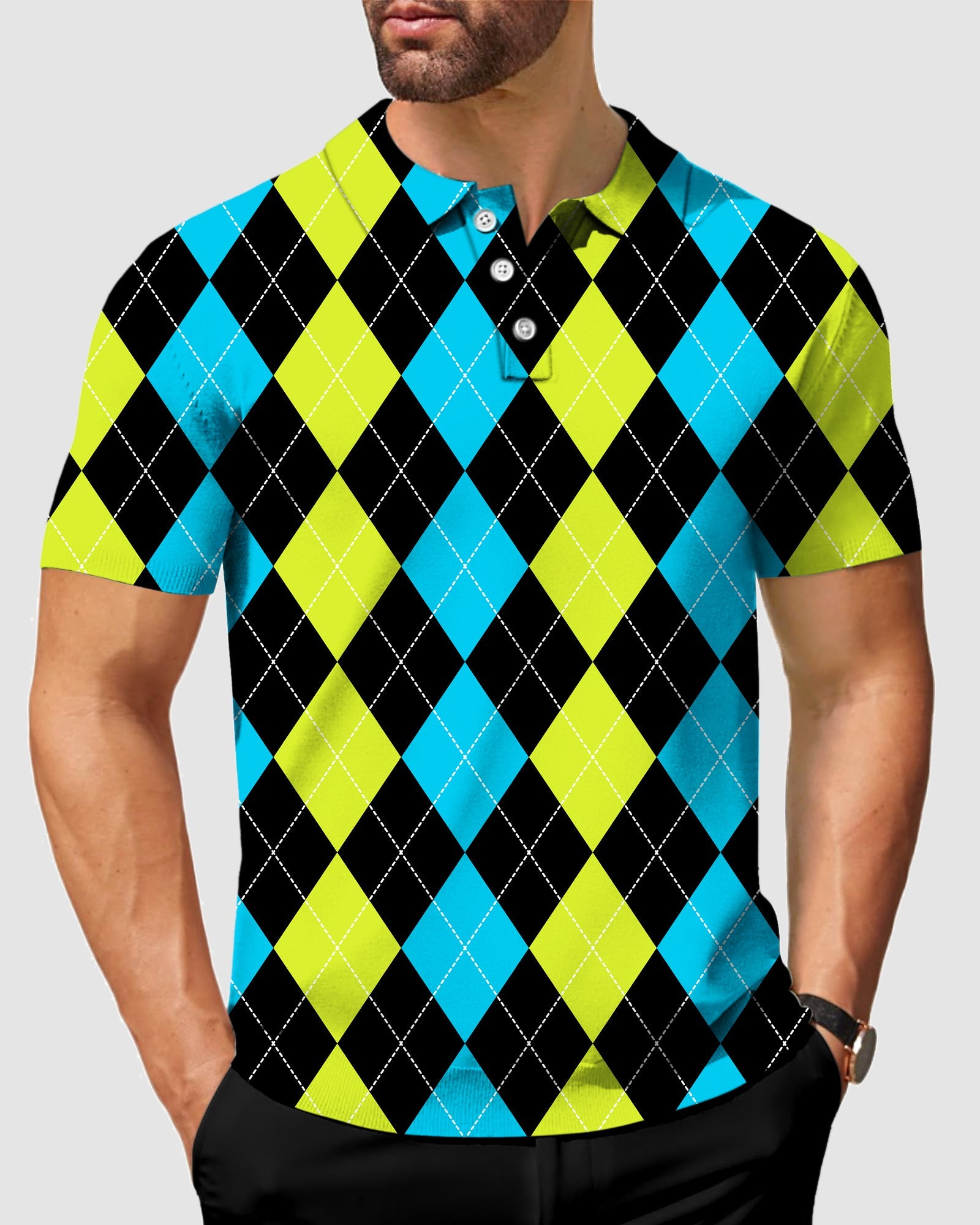 Men's Halloween black, green, and blue argyle polo shirt with four-way stretch and moisture-wicking fabric