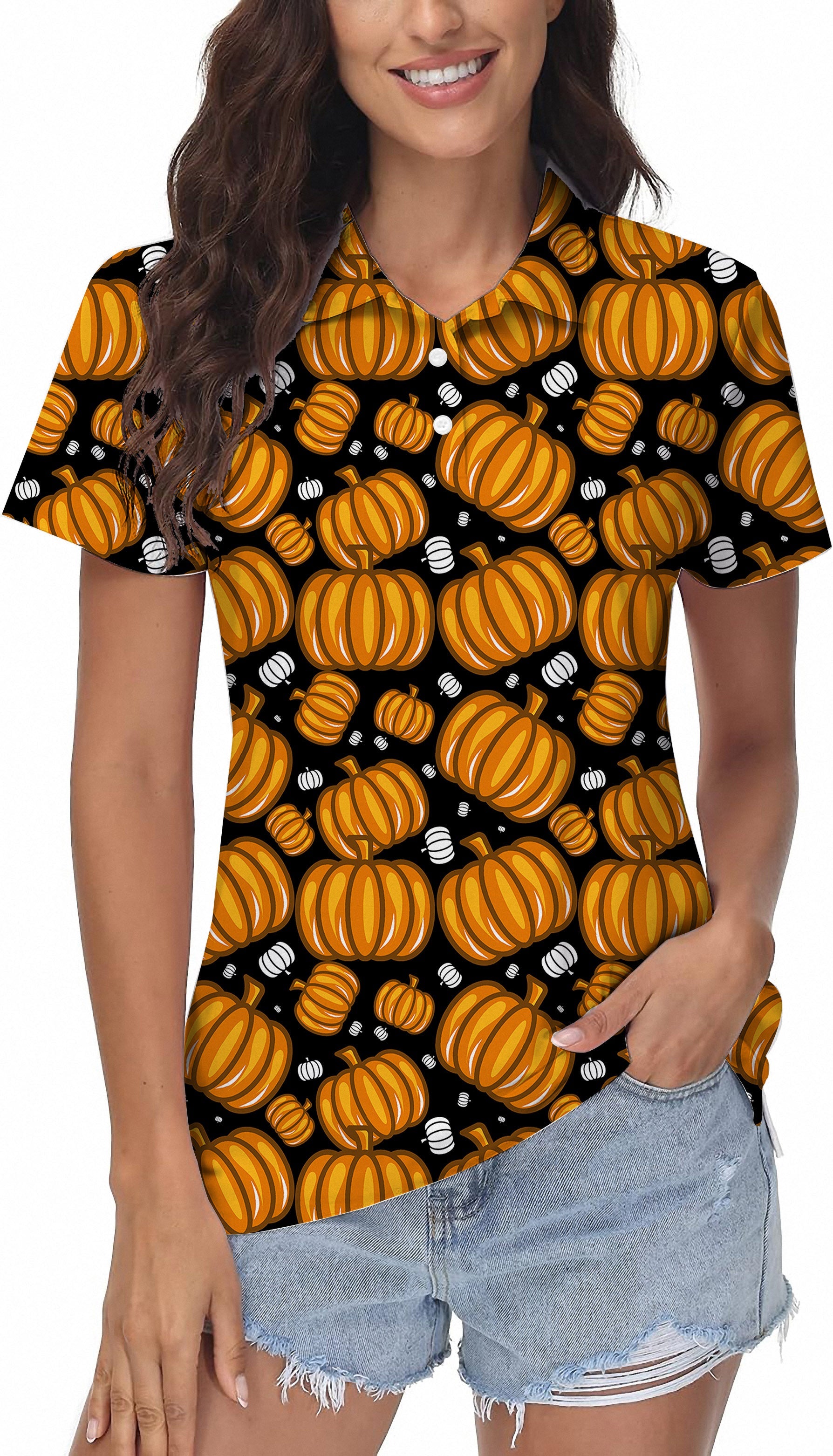 Women's Halloween Pumpkin Family golf polo shirt with custom design, stretchy, moisture-wicking, wrinkle-resistant, UPF 40+ protection, and classic fit.