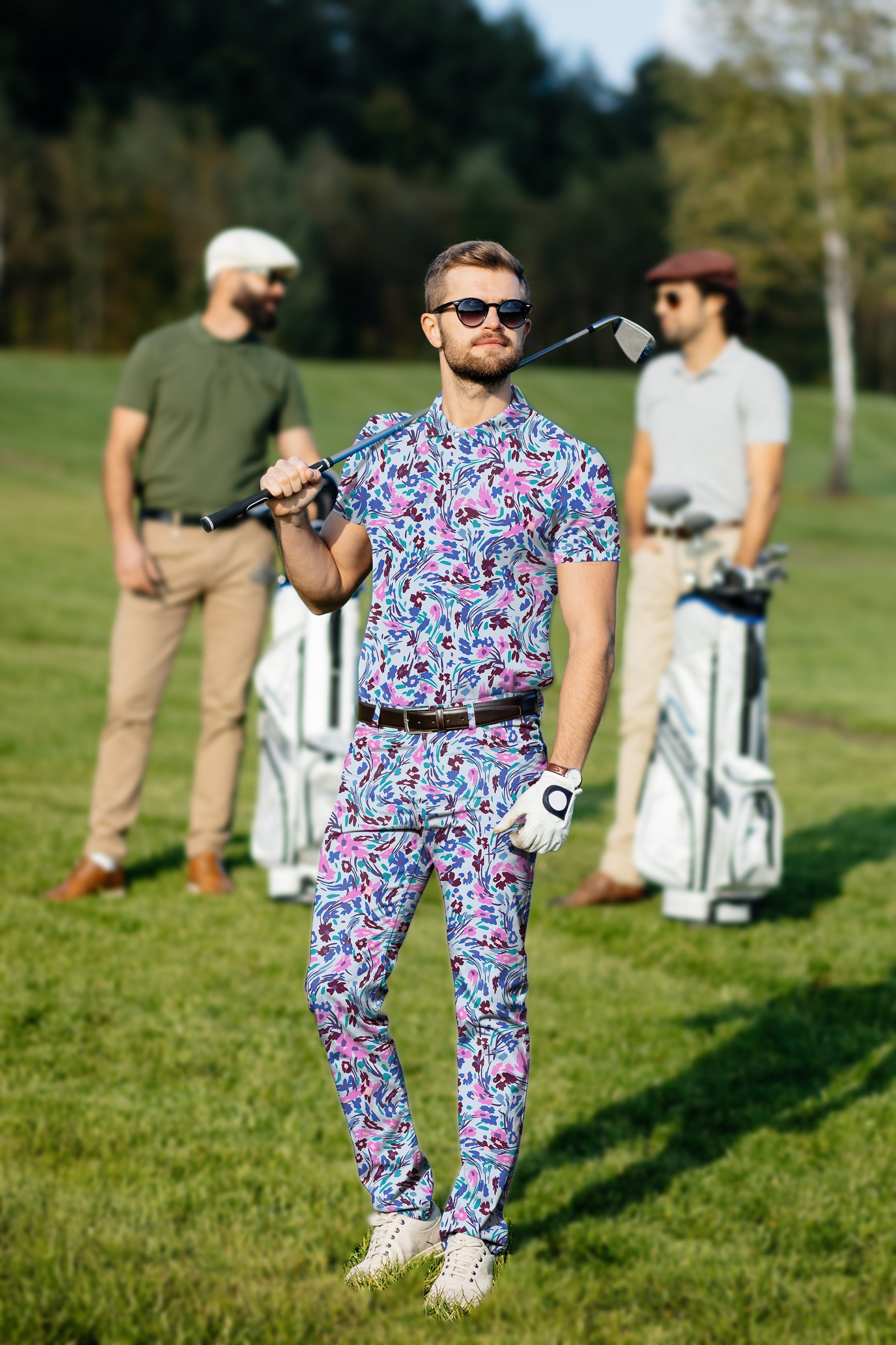Men's golf set featuring floral twist polo and pants with four-way stretch and moisture-wicking fabric