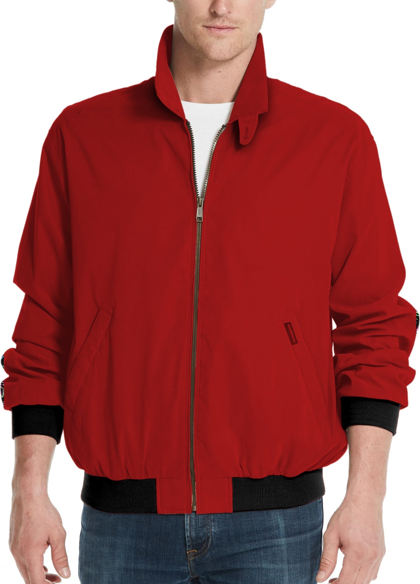 Men's Golf Windbreaker light red jacket with zipper and black cuffs on model