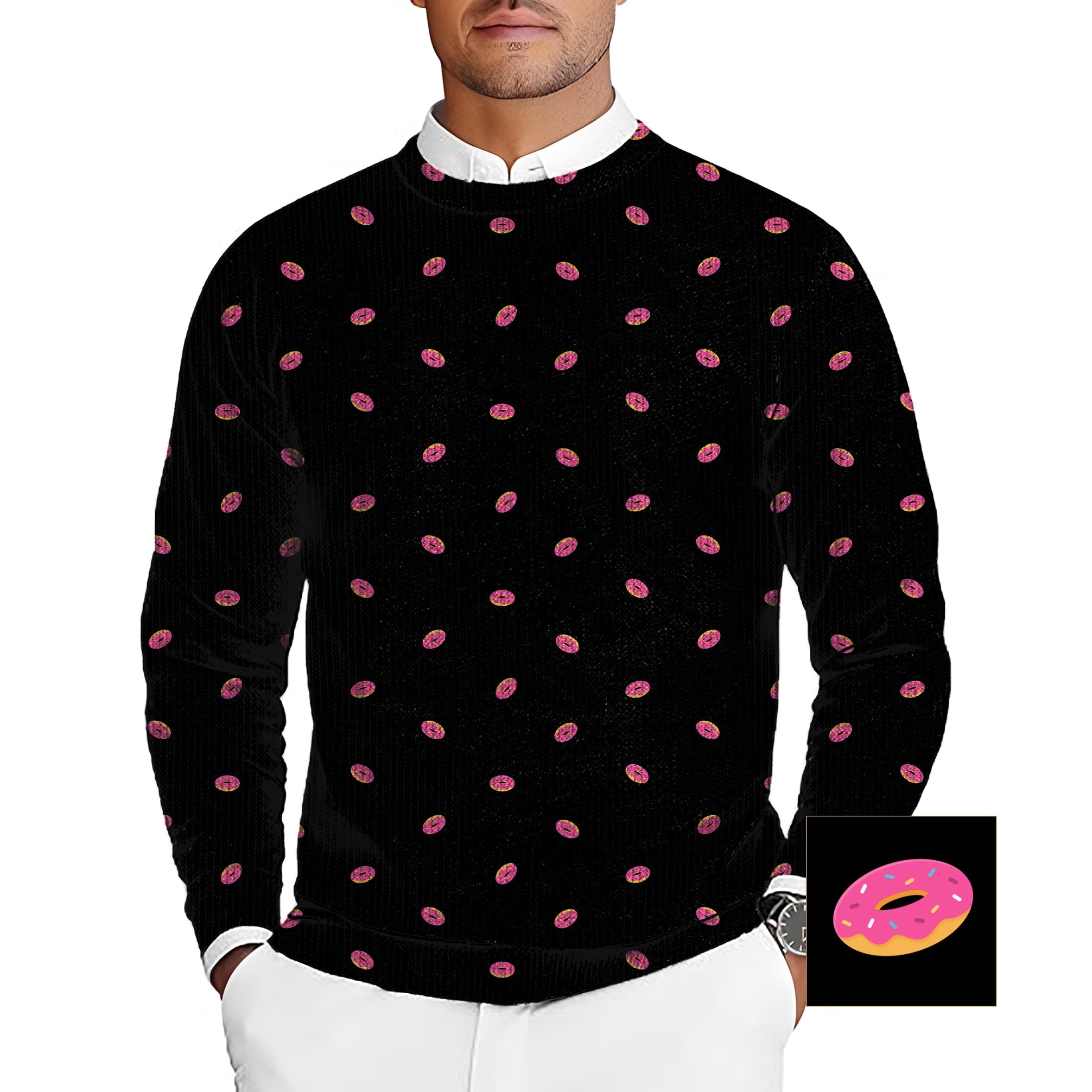 Men's black custom donut pattern golf crewneck pullover sweater with pink donut design