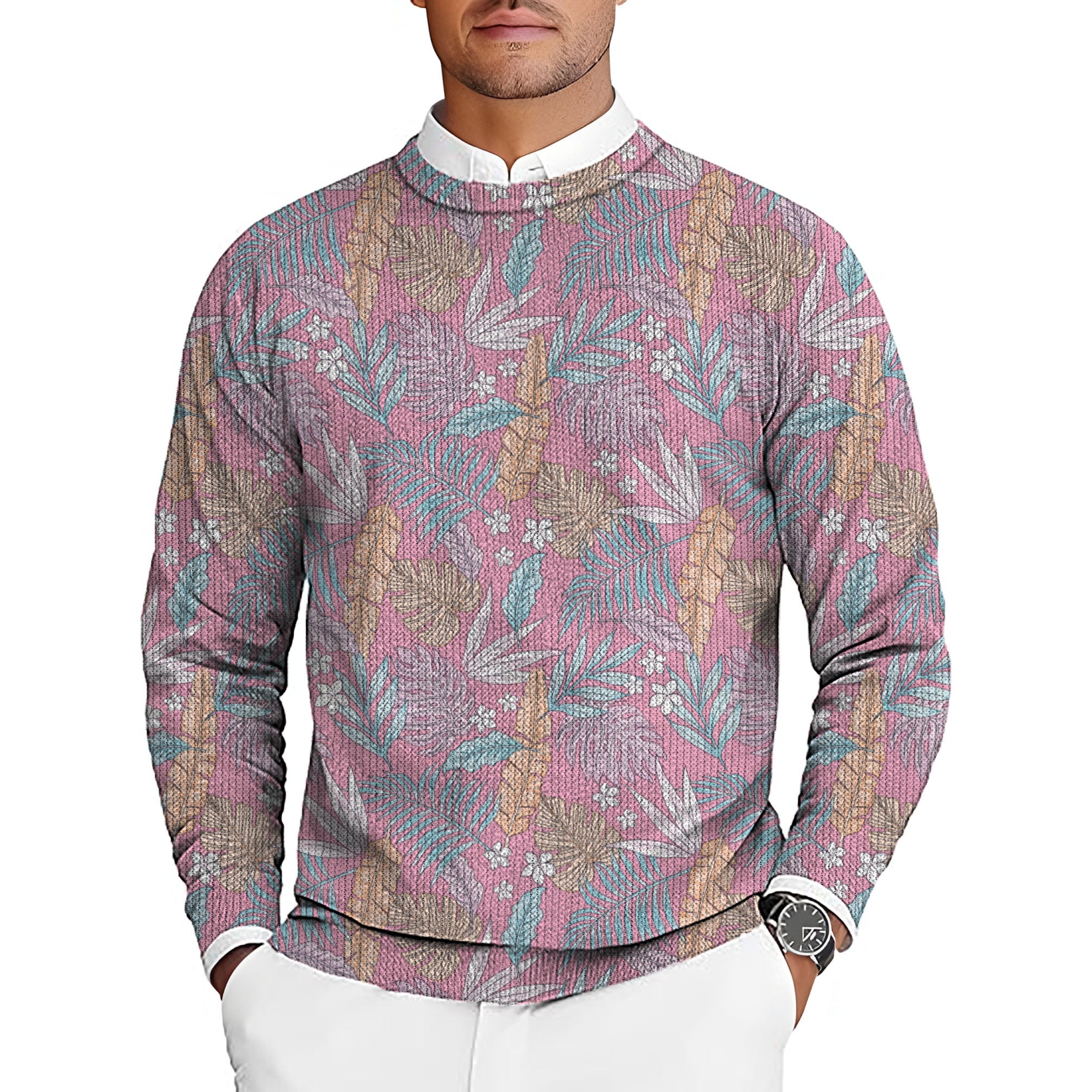 Feathered Paradise Men's golf crewneck pullover sweater with tropical leaf pattern