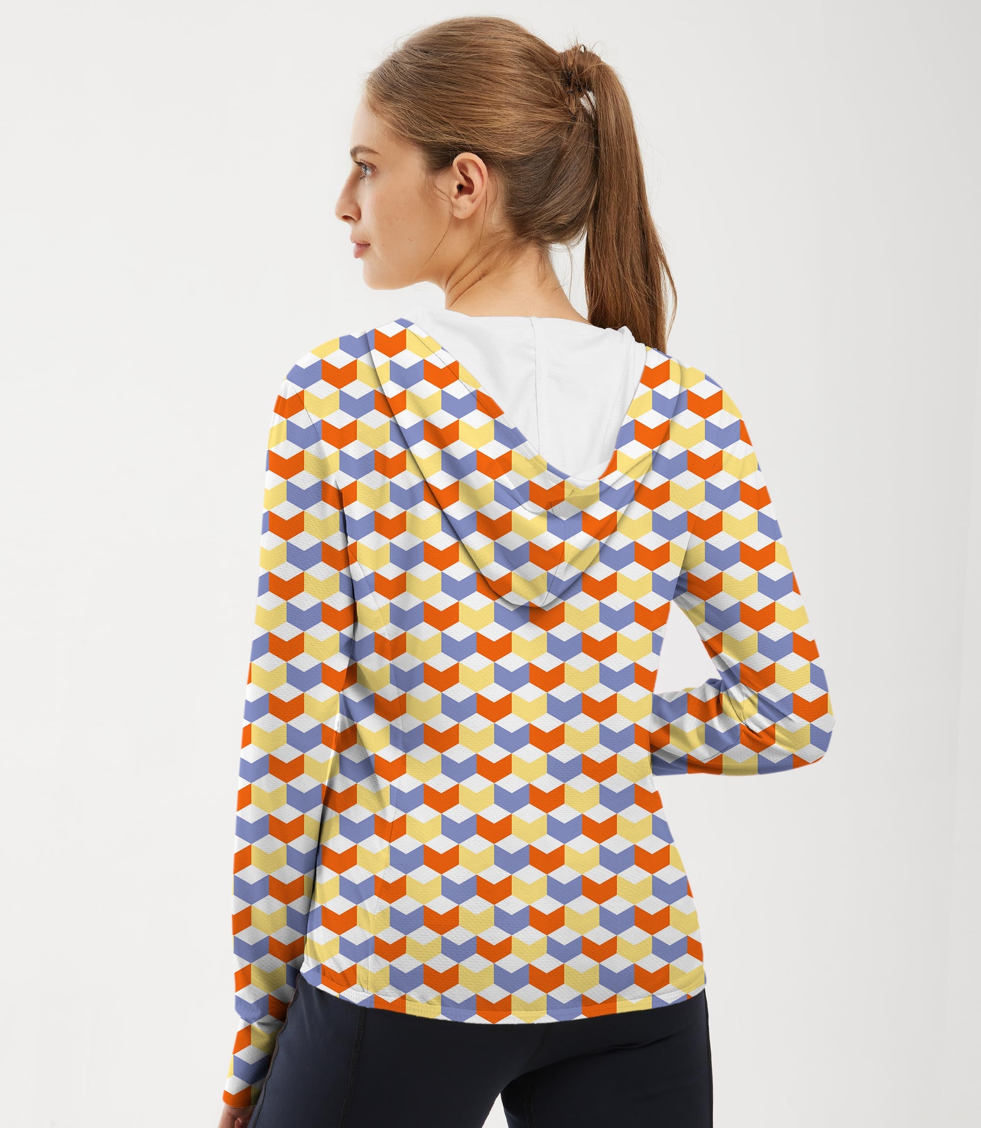 Women's outdoor slim fit zip hoodie with colorful 3D square box pattern and sun protection