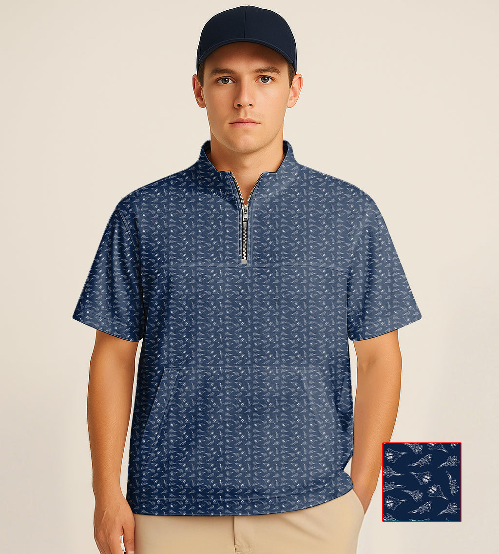 Man wearing navy half zipper turtleneck golf short sleeve shirt with fighter embroidery pattern