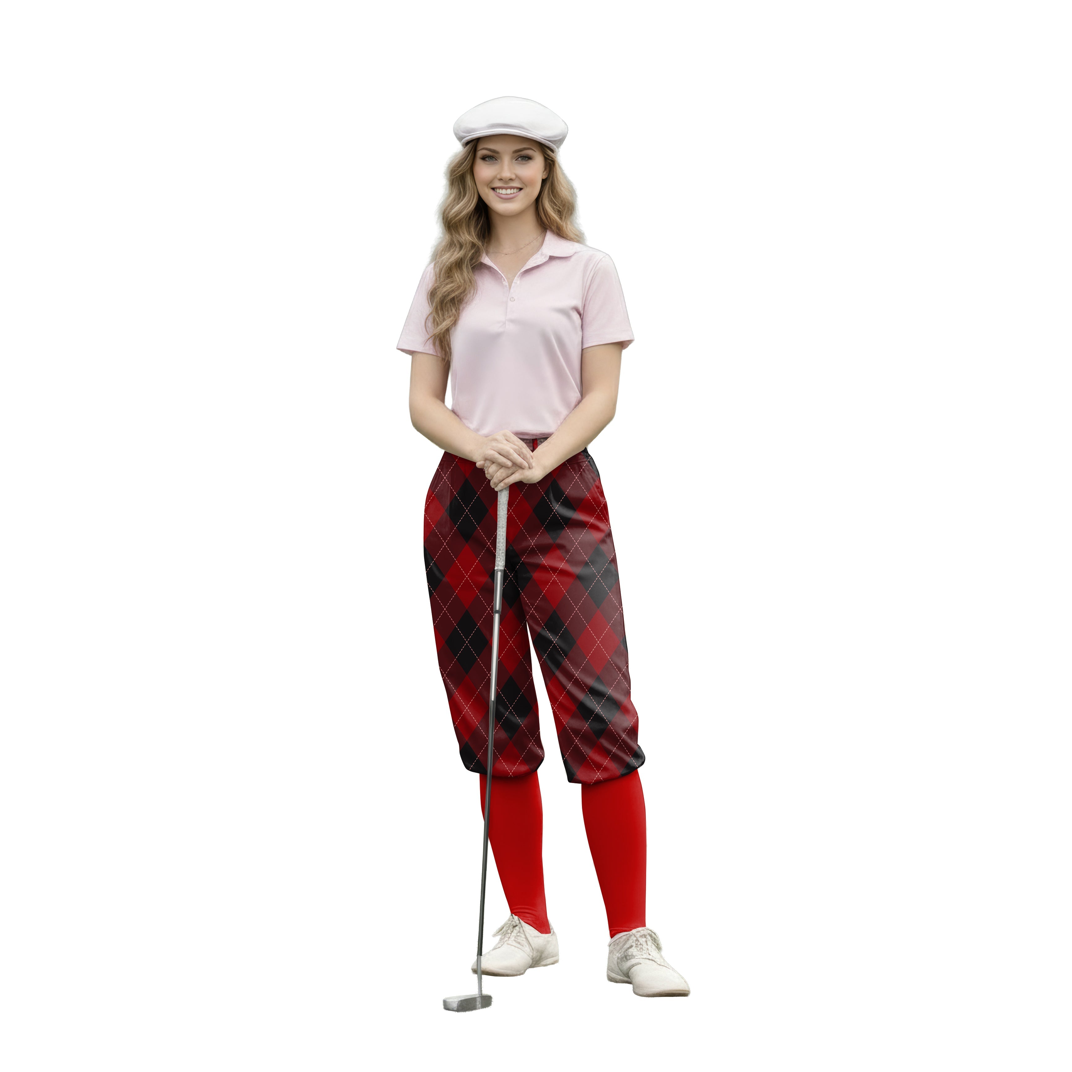 woman wearing red argyle womens golf knickers pants holding golf club on white background