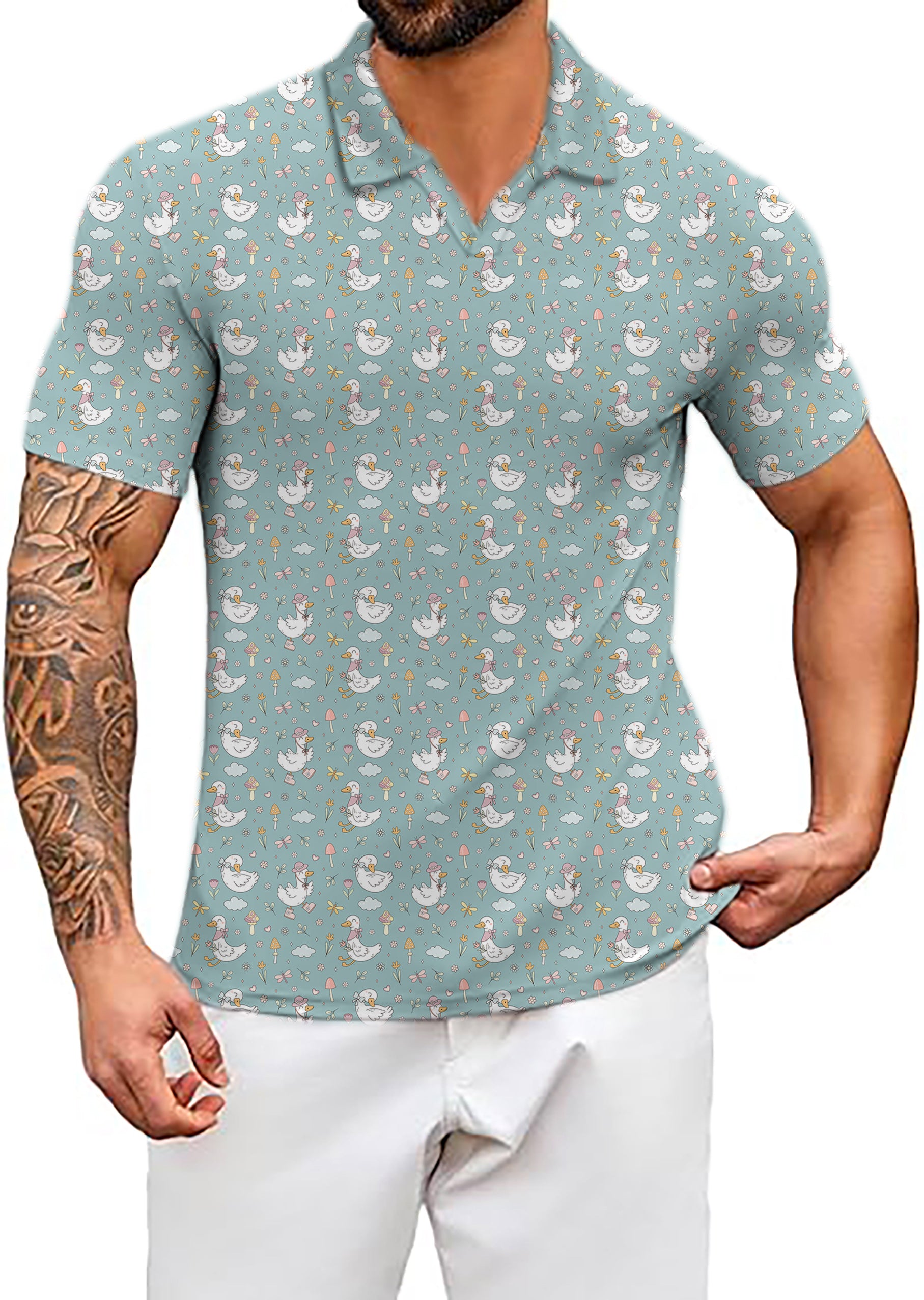 Men's Cute Duck Floral V Neck Golf Polo Shirts